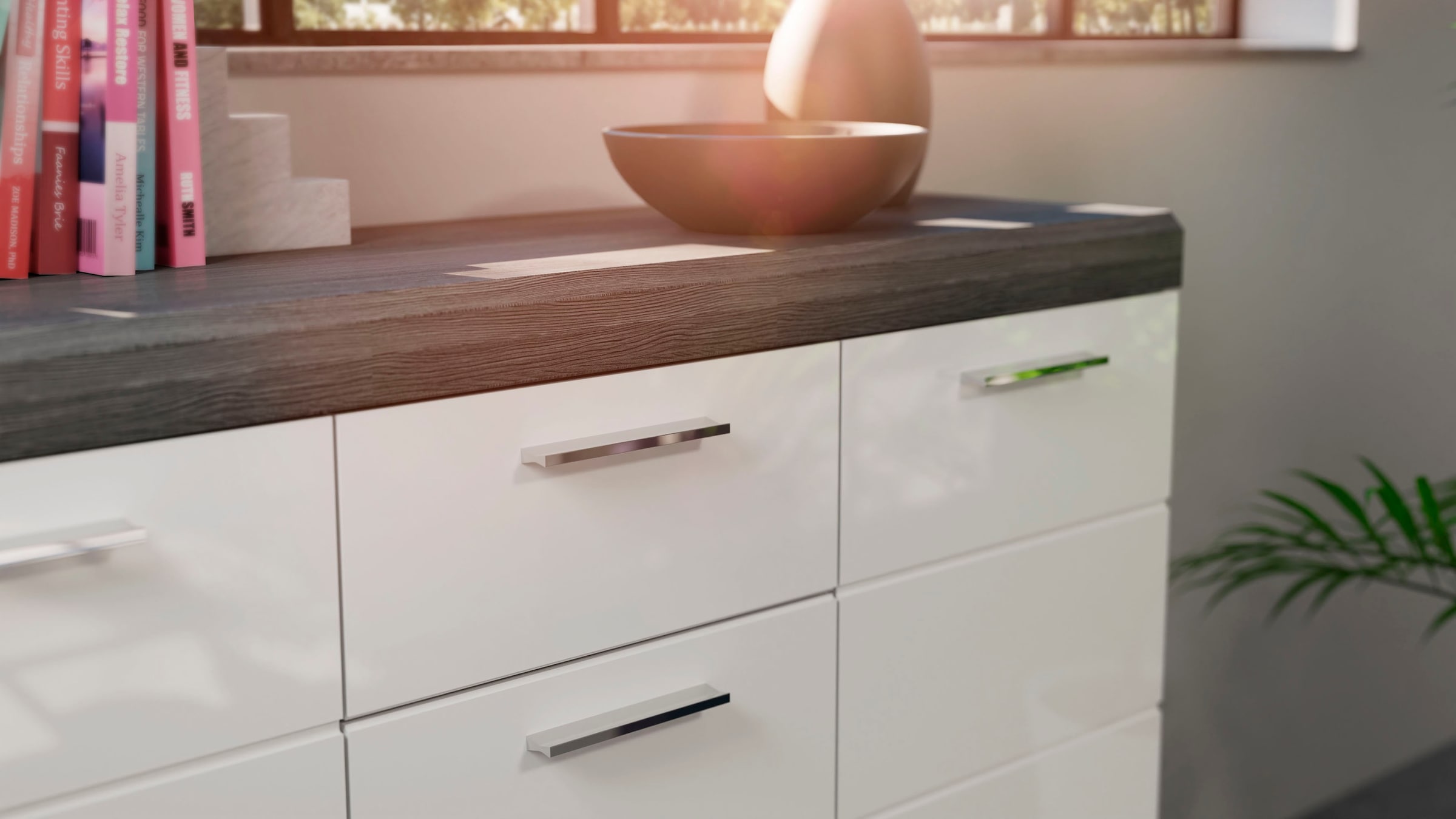 INOSIGN Kommode »Siena, Breite 165cm, 4 Türen, 4 Schubkästen, 8 Einlegeböden, 12 Fächer«, Front-Rillenfräsung, Schuhkommode, Schuhschrank, Anrichte, Sideboard