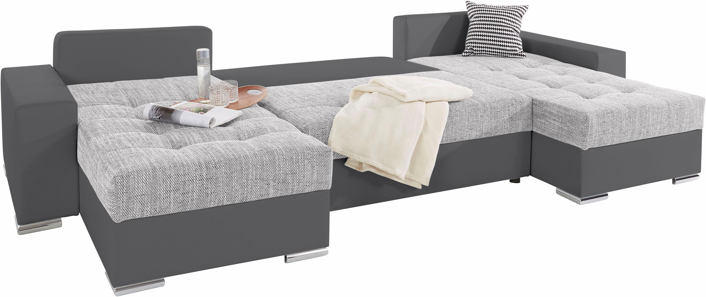 COLLECTION AB Wohnlandschaft »XL-Josy U-Form, Breite 313 cm, Kunstleder-Mix, Microfaser«, inkl. Bettfunktion, Bettkasten, mit 4 gleich großen Rückenkissen