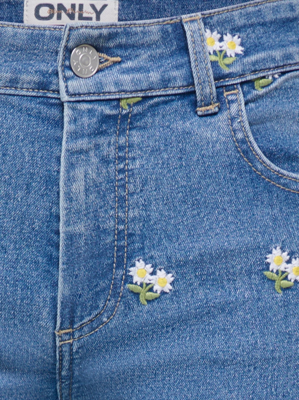 ONLY Skinny-fit-Jeans »ONLHUSH MW EMB RW ANK SKINNY DNM« Baumwollmischung, slim fit, Allover Stickerei, offener Saum