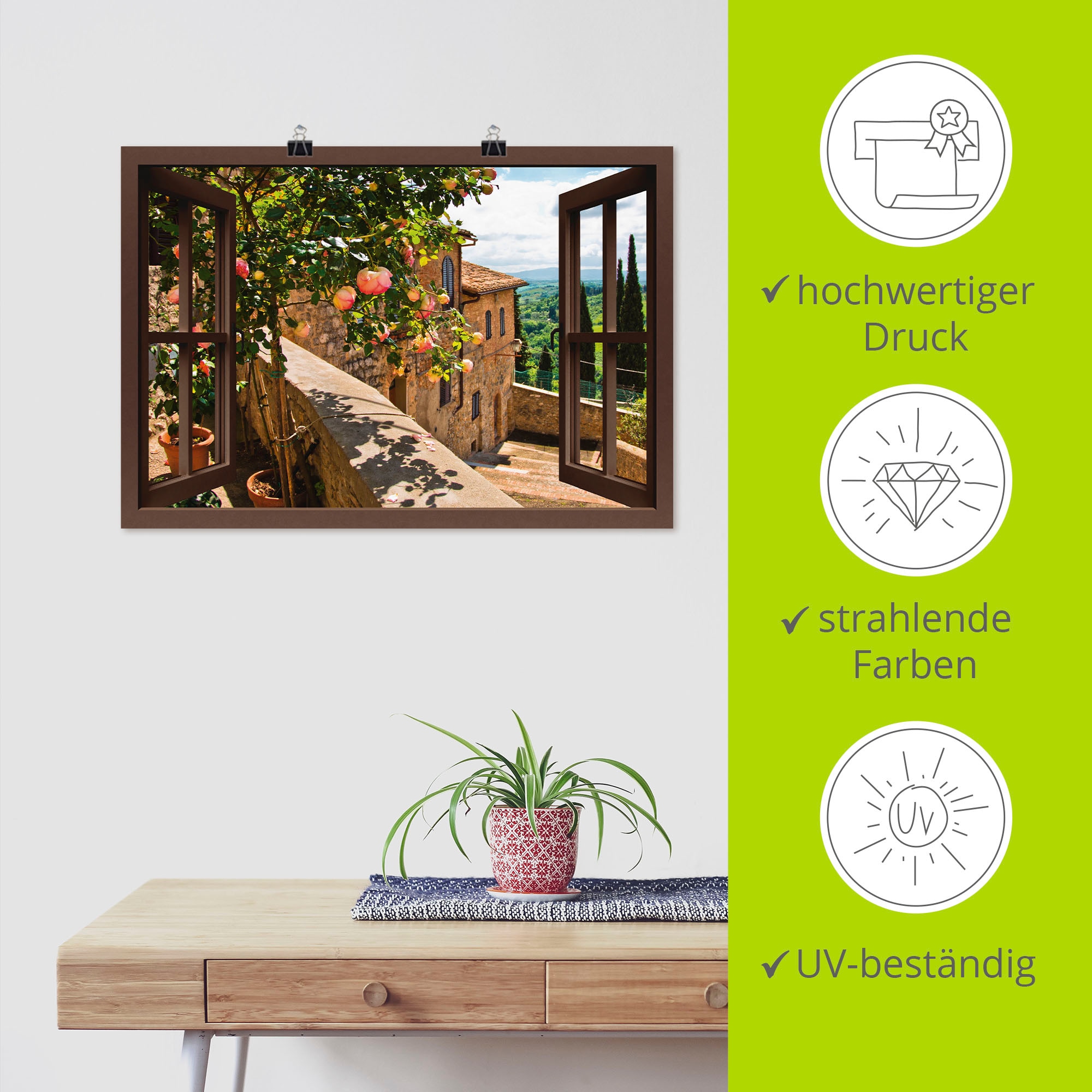 Artland Wandbild »Fensterblick Rosen auf Balkon Toskana«, Garten, (1 St.), als Alubild, Outdoorbild, Leinwandbild, Poster, Wandaufkleber
