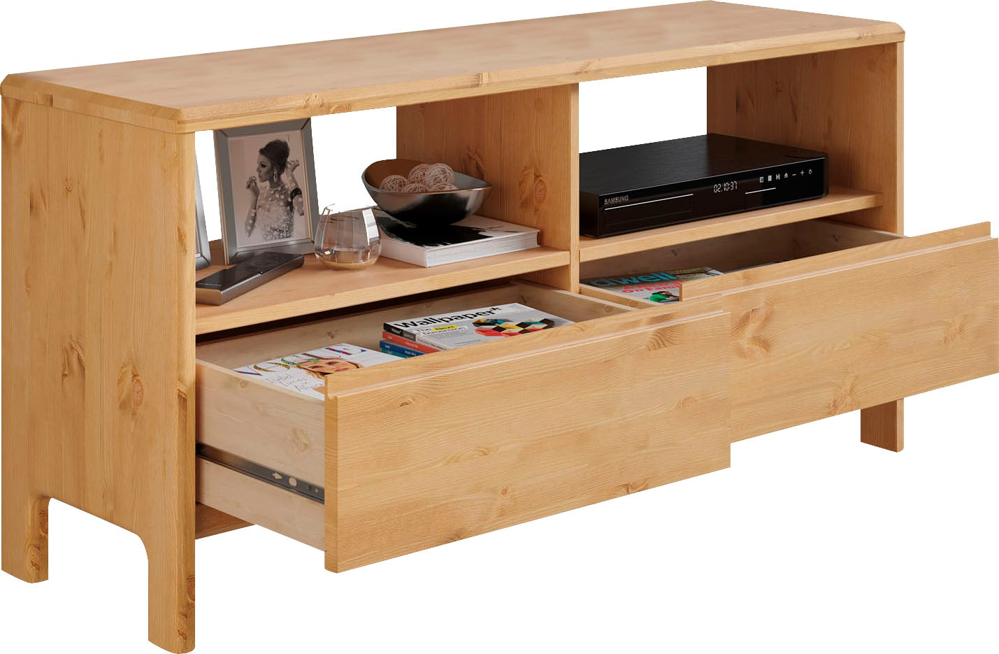 Home affaire TV-Schrank »Luven«, aus Massivholz, Breite 114 cm, 2 Schubladen und 2 offenen Fächer