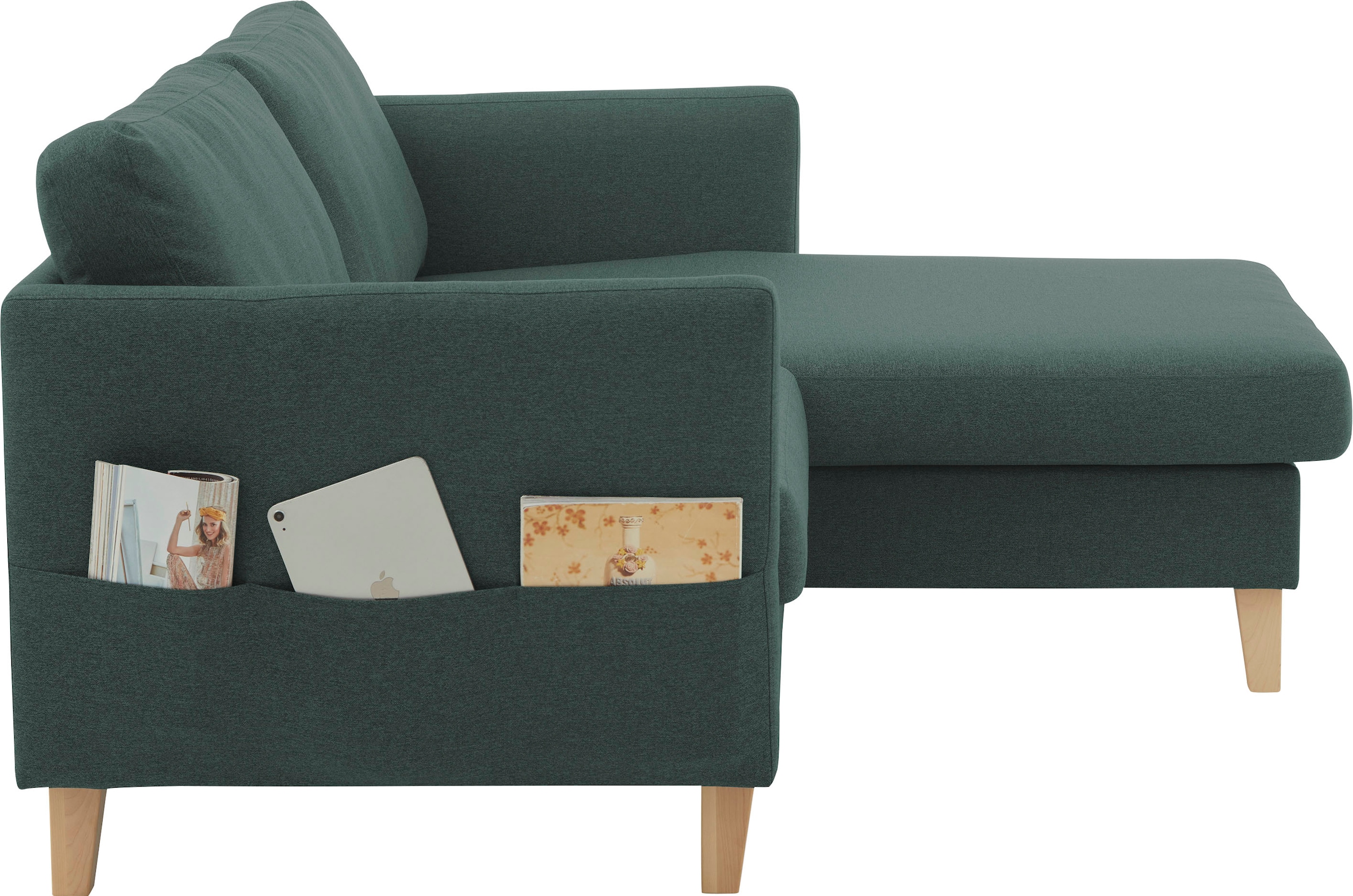 ATLANTIC home collection Ecksofa »Mailo L-Form«, mit Seitentaschen, Recamiere beidseitig montierbar, Massivholzfüße