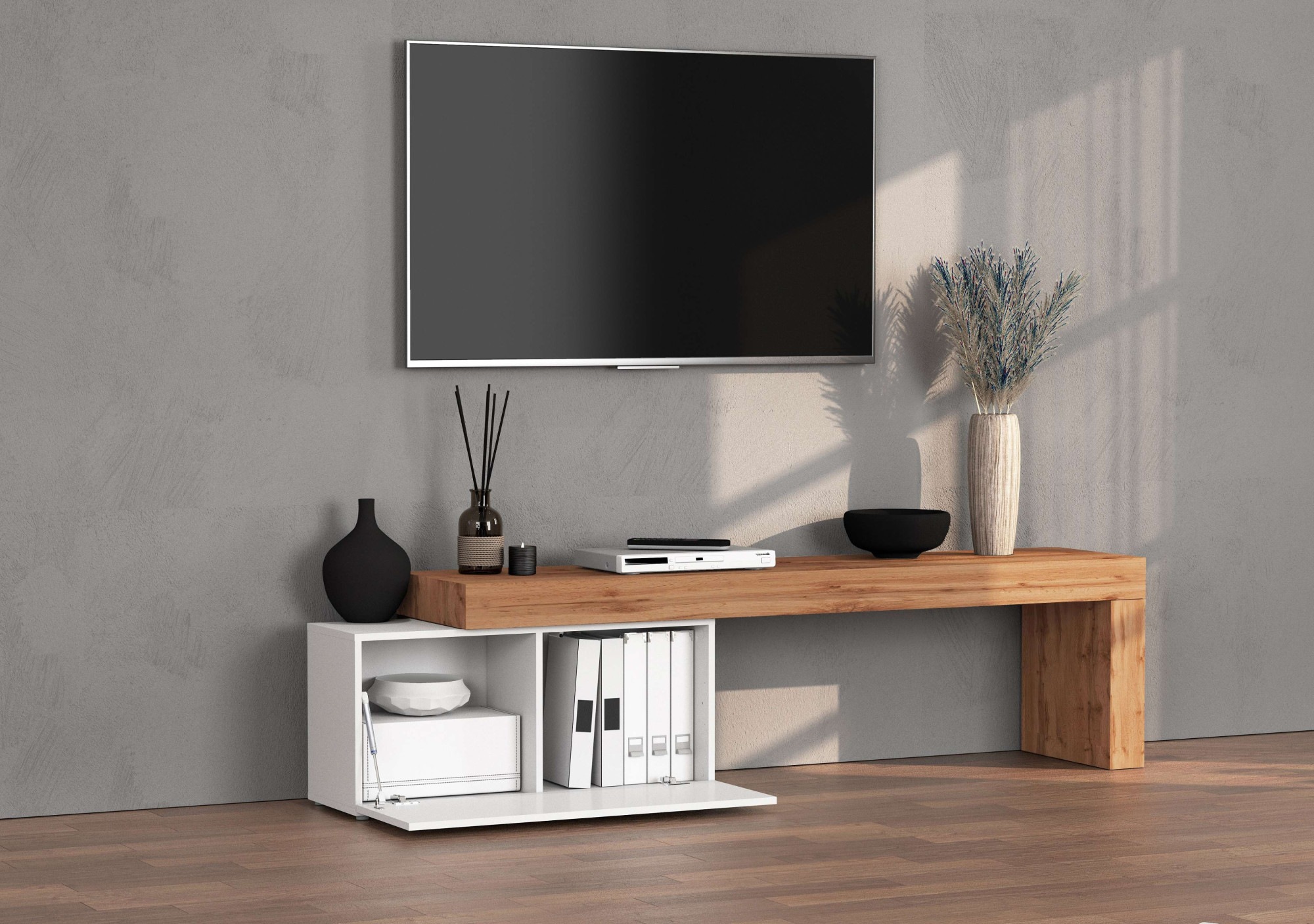 INOSIGN Lowboard »Chronos TV-Board, TV-Schrank«, (1 St., Breite verstellbar von 180 bis 260 cm), Breite 220 cm TV-Board,Lowboard,1 Klappe und ein L-Förmiger Aufsatz