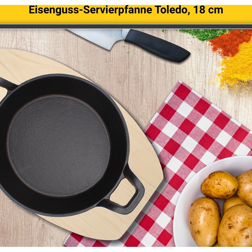 Krüger Servierpfanne »Eisenguss Brat- und Servierpfanne mit Holzteller TOLEDO, 18 cm«, Gusseisen, (1 tlg.)