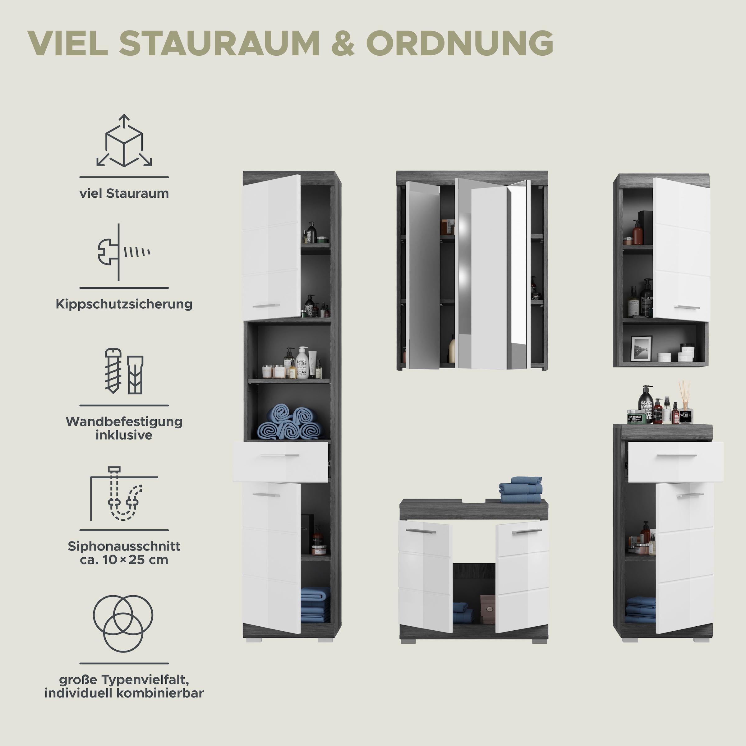 INOSIGN Badmöbel-Set »Siena, 5 teilig, bestehend aus:«, (Set, 5 St.), Hochschrank, WBU, Spiegelschrank, Unterschrank, Hängeschrank
