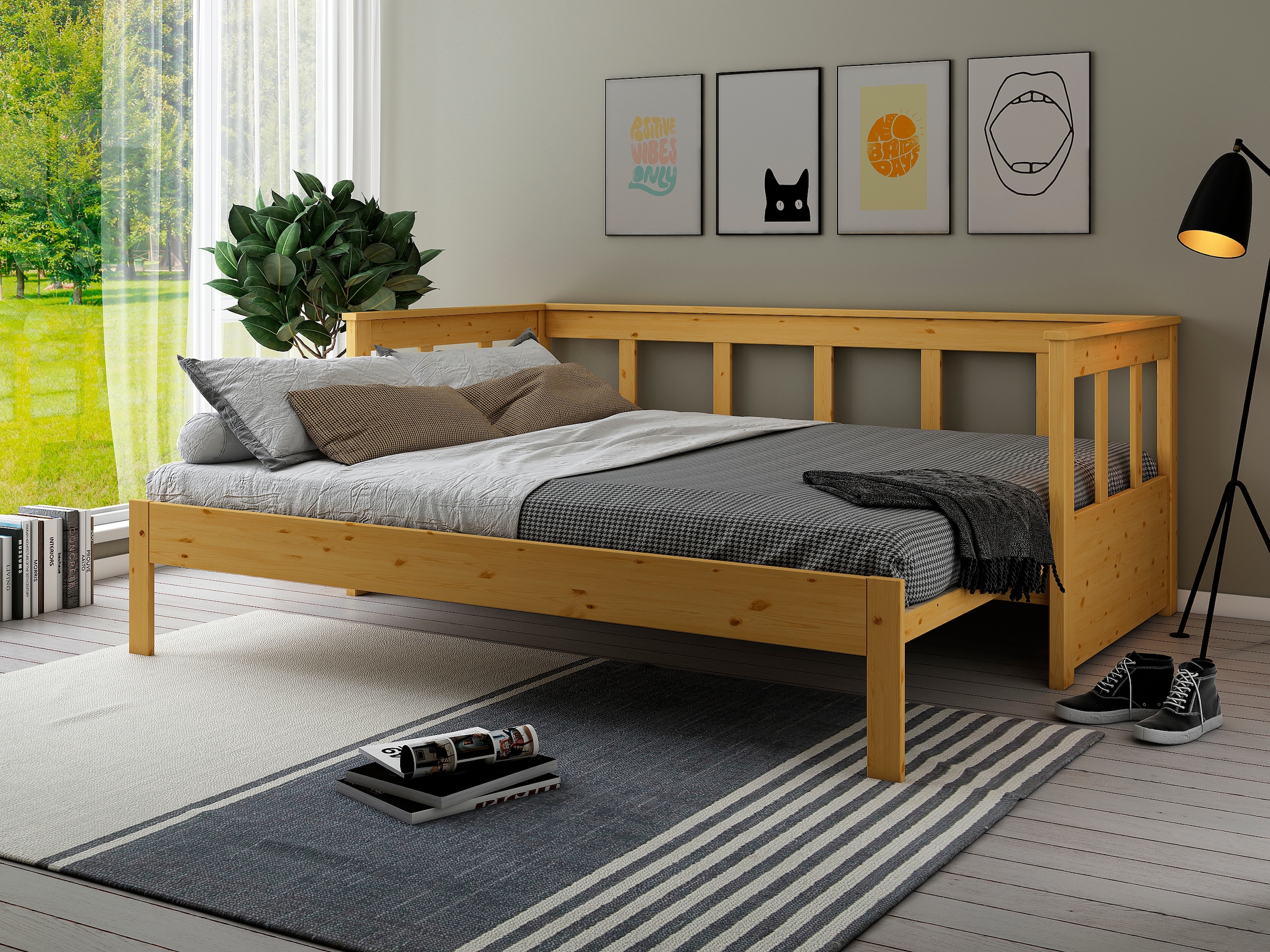 Home affaire Daybett »"AIRA" skandinavisches Design, ideal fürs Jugend- oder Gästezimmer«, Gästebett, mit ausziehbarer Liegefläche, zertifiziertes Massivholz