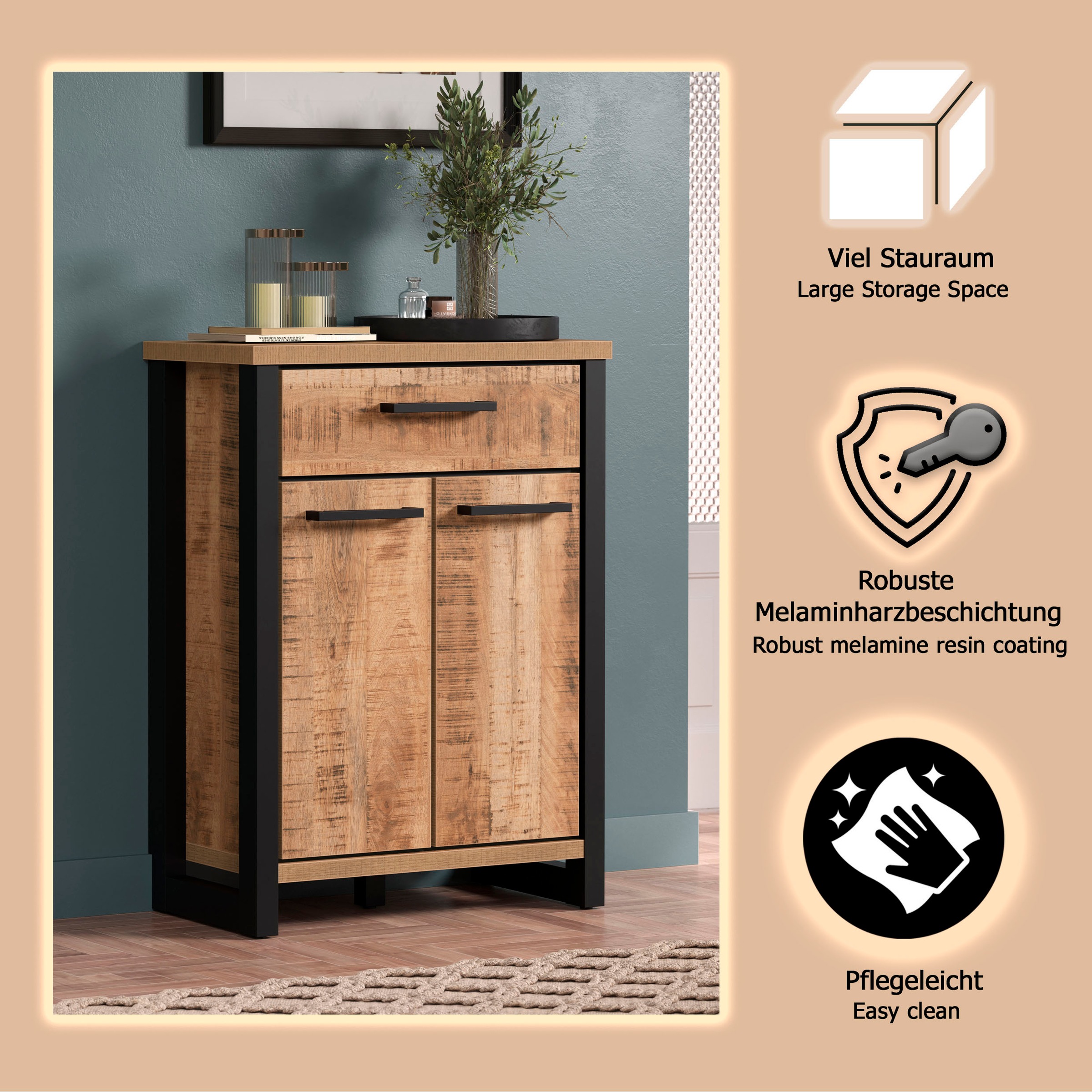 Home affaire Kommode »Elda« 1 Stk. tlg. Kommode mit 2 Türen, 1 Schublade mit Vollauszug – (B/T/H) 73/39/100 cm