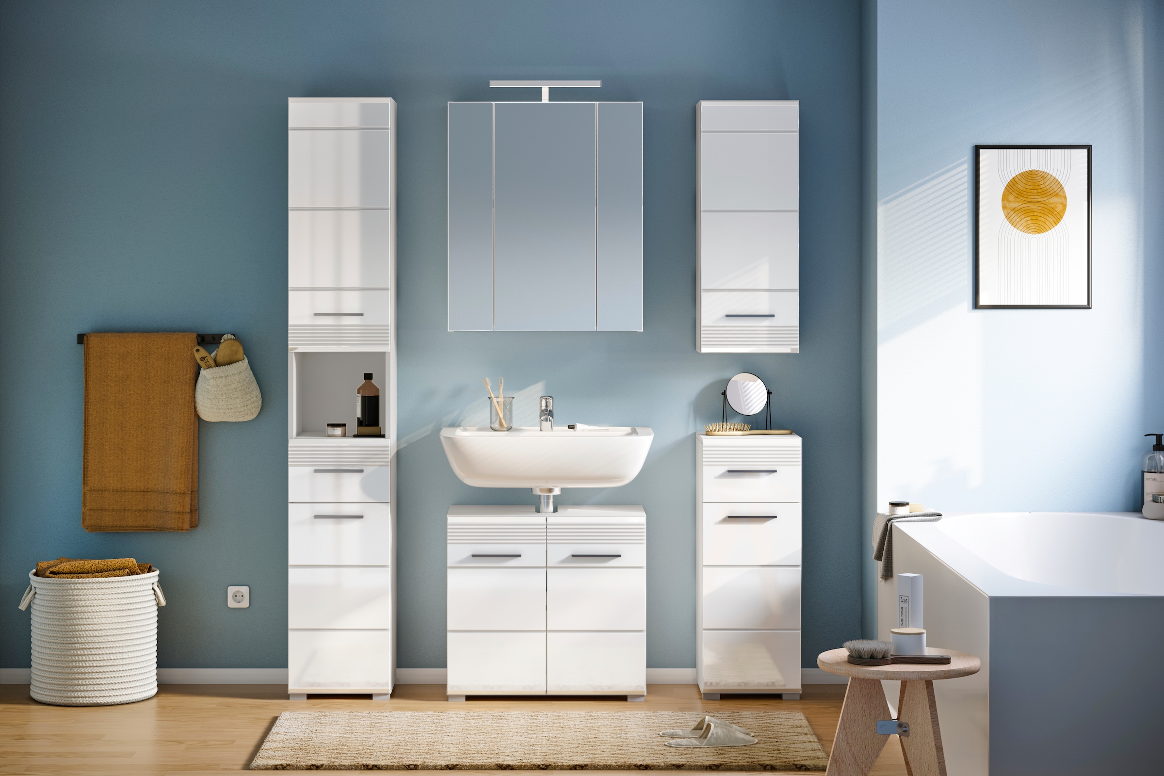 INOSIGN Badmöbel-Set »Malmö, 5 teilig, inklusive LED Beleuchtung, bestehend aus:«, (Set, 5 St.), Hochschrank, WBU, Spiegelschrank, Unterschrank, Hängeschrank
