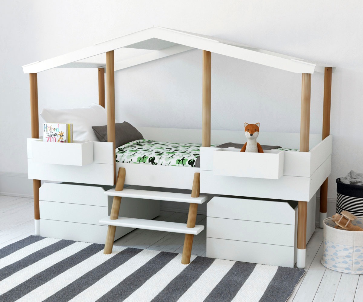 HOME AFFAIRE Hochbett in Form eines Hauses Natur, Weiß + Weiß + Natur, Weiß