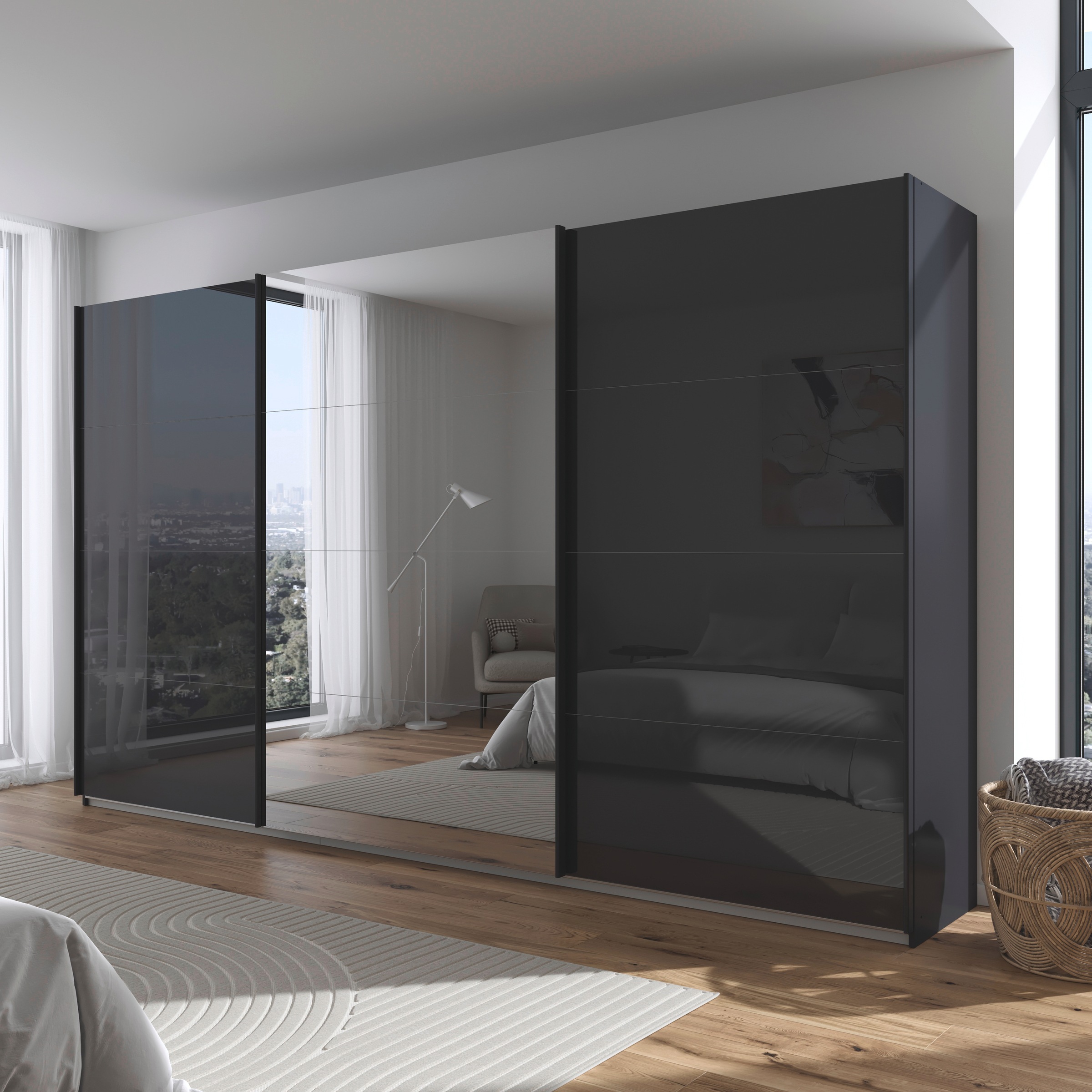 rauch Schwebetürenschrank »Kleiderschrank Kleiderschränke Schrank Garderobe AGORDO mit Glasfront«, durchdachte Innenausstattung, in 4 Breiten und 2 Höhen MADE IN GERMANY