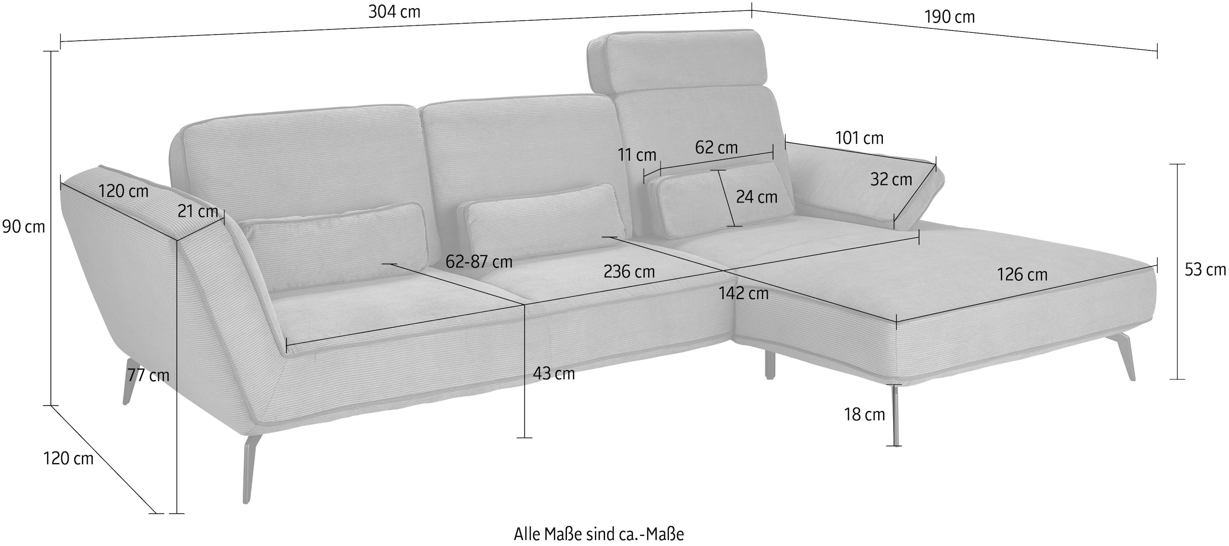 set one by Musterring Ecksofa »SO 4500, Füße schwarz matt, inkl Schwenkrückenfunktion, Cord, L-Form« wahlweise mit Kopfstütze/Armteilverstellung/Rückenneigung