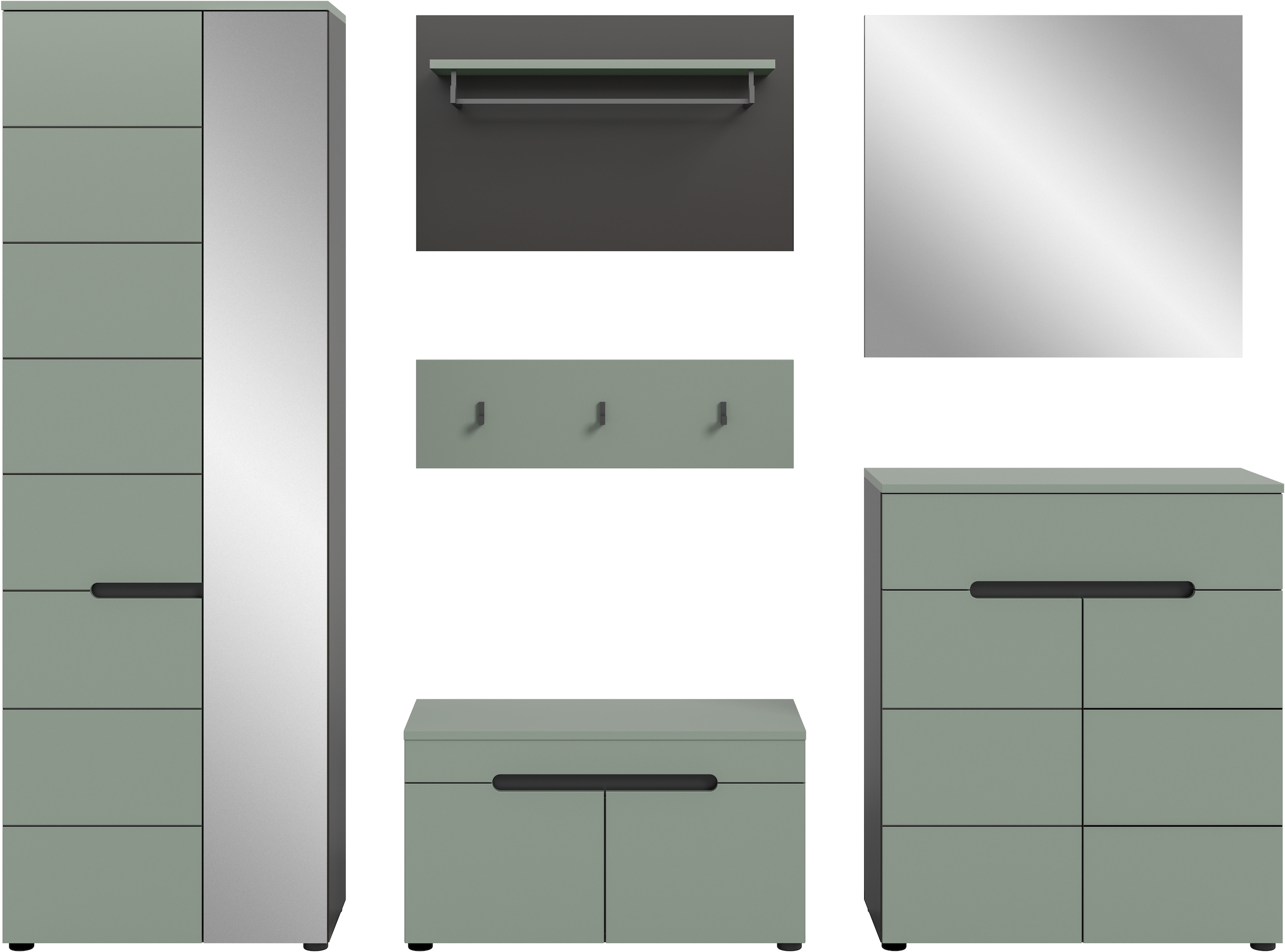 INOSIGN Garderoben-Set »Rehat, Garderobenkombination, Breite 255cm« Garderobenschrank, Sitzbank, Paneel, Hakenleiste, Spiegel, Kommode, 6 Stk. tlg.