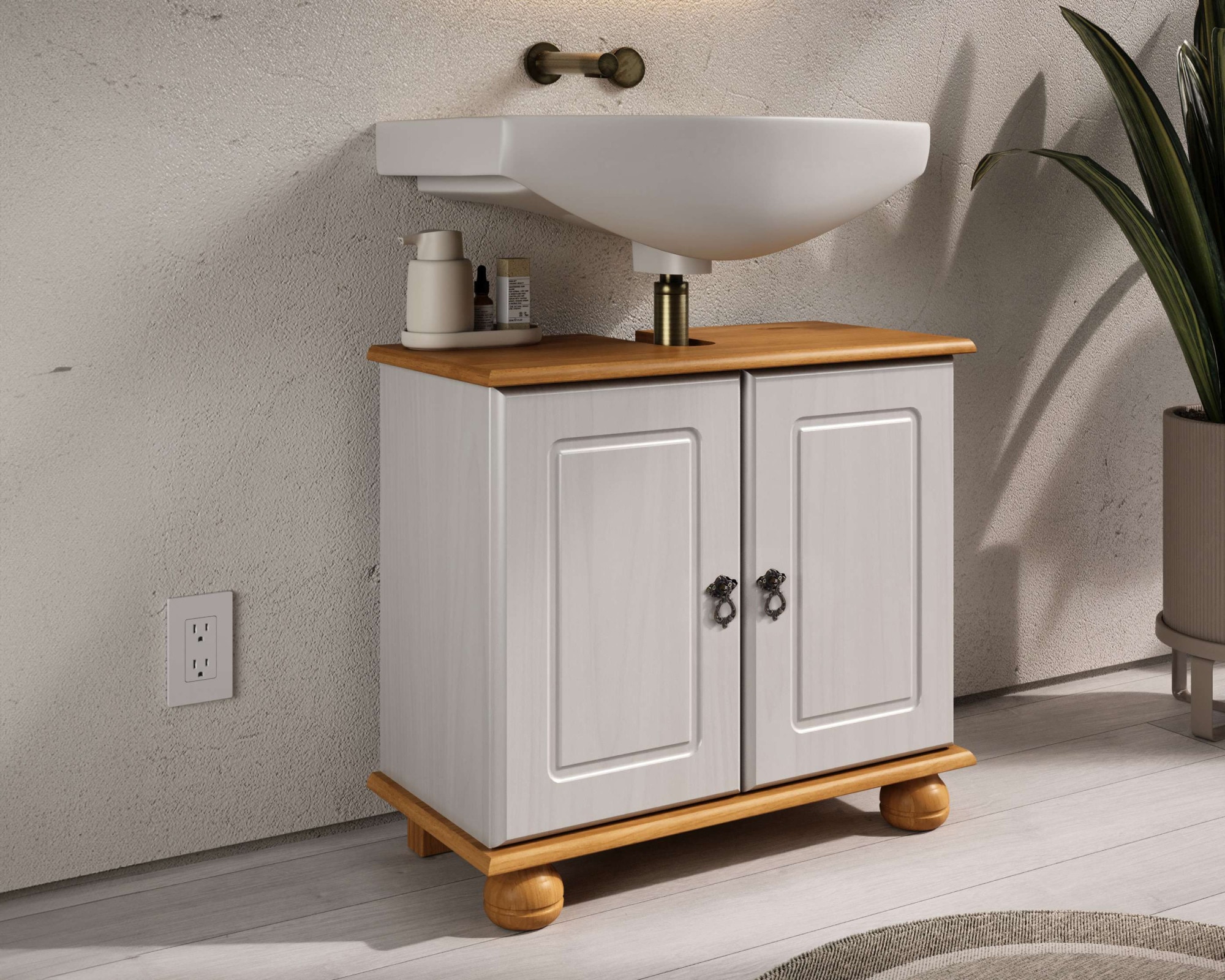 OTTO home Waschbeckenunterschrank »Finca« aus massivem Kiefernholz, Siphonausschnitt, Breite 62 cm, Höhe 55 cm