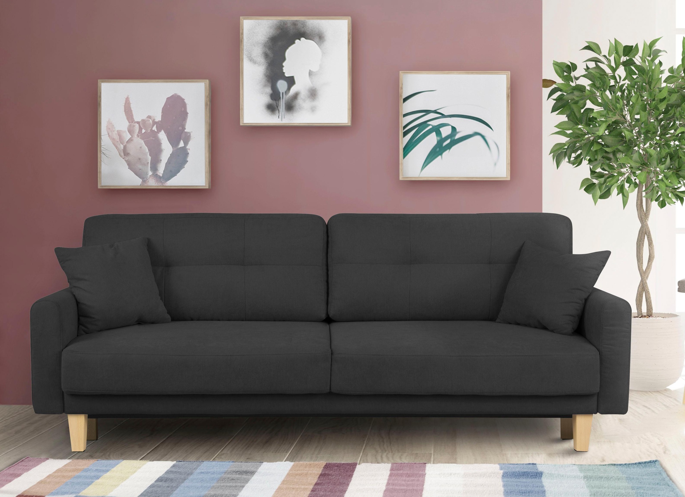 Home affaire 3-Sitzer »TRIPLO optionale Schlafsofa mit Bettkasten, Maße B/T/H: 215/100/89 cm«, Wahlweise Bettfunktion - Liegefläche 145x191 cm, Rücken-, Zierkissen