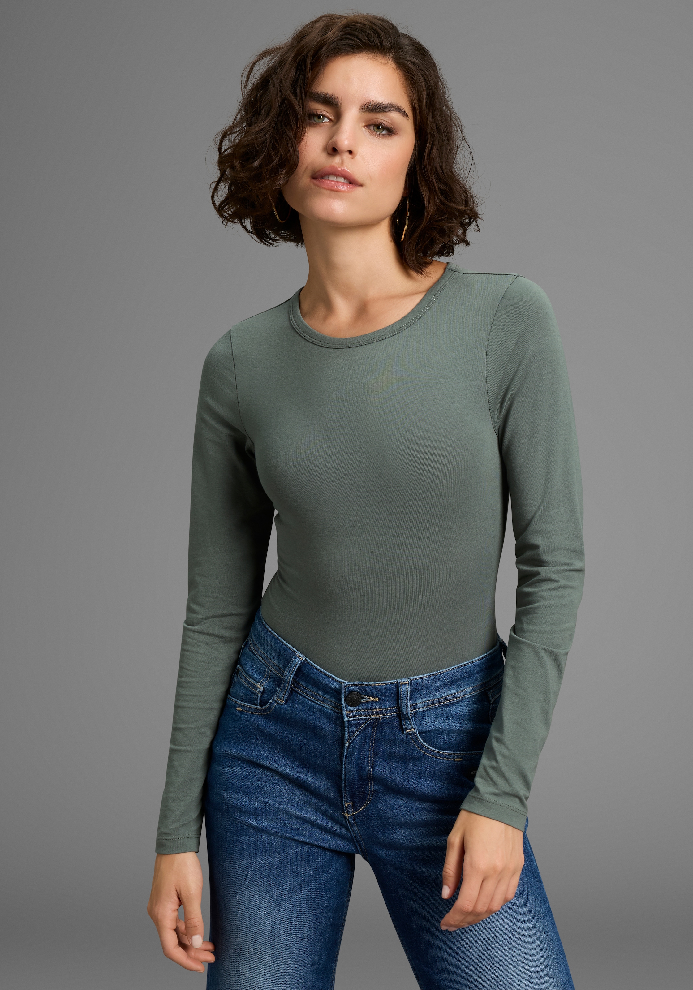 LAURA SCOTT Langarmbody Langarm, figurbetont, Rundhalsausschnitt - NEUE FARBEN blau-grau 42 - N-Gr N-Gr 42 Langarmbody von Laura Scott