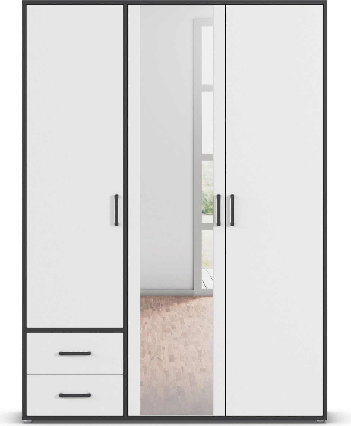 rauch Drehtürenschrank »Kleiderschrank Schrank Garderobe Wäscheschrank VOYAGER«, (in 3 verschiedenen Ausstattungen BASIC/CLASSIC/PREMIUM), mit modernen Griffen in Graumetallic, inkl. Schubkästen und Spiegel
