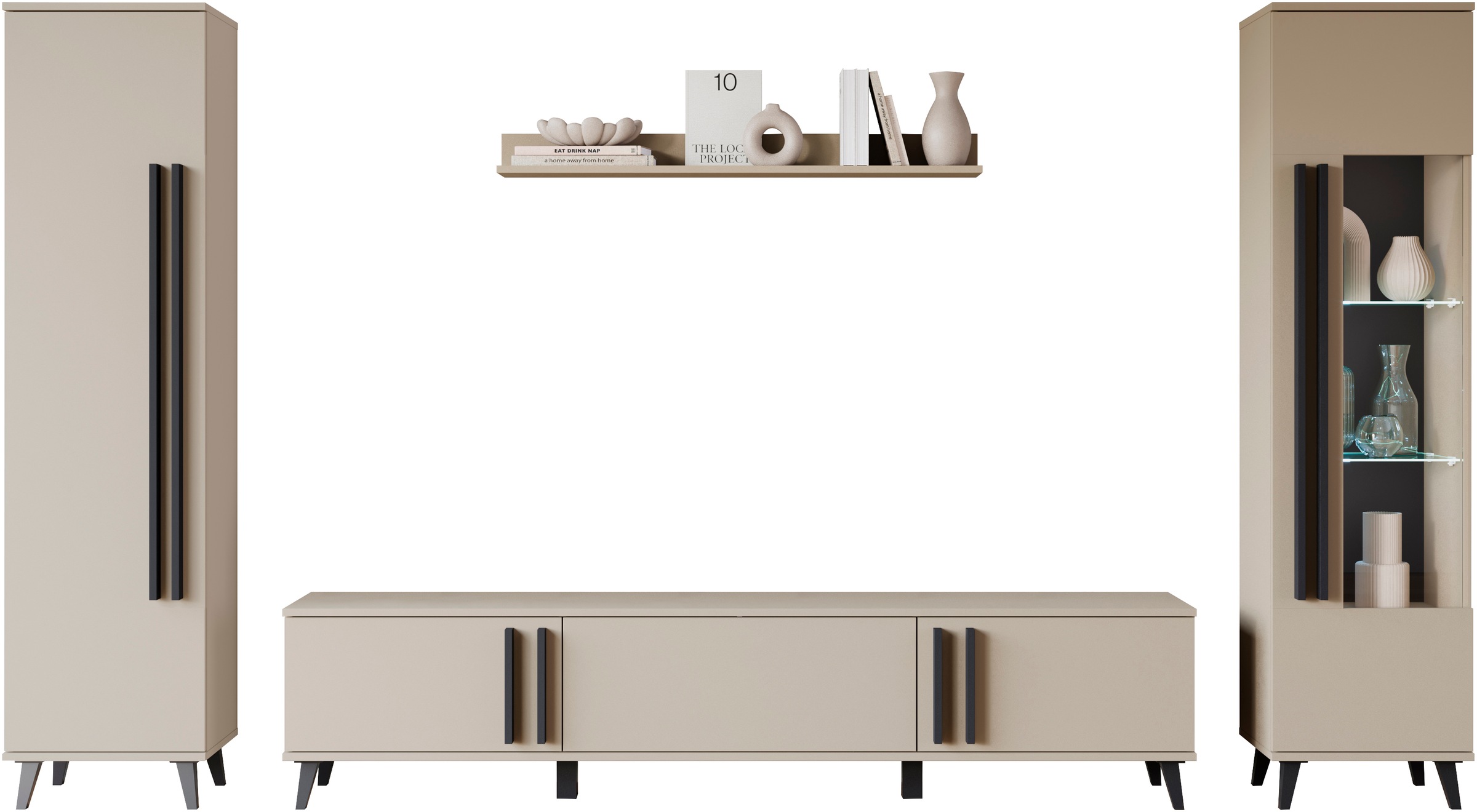 INOSIGN Wohnwand »Helsinki, Modernes Set mit verglaster Vitrine«, (Komplett-Set, 4 St.), mit lamellengriffen, verstellbaren Einlegeböden und Kunststofffüßen