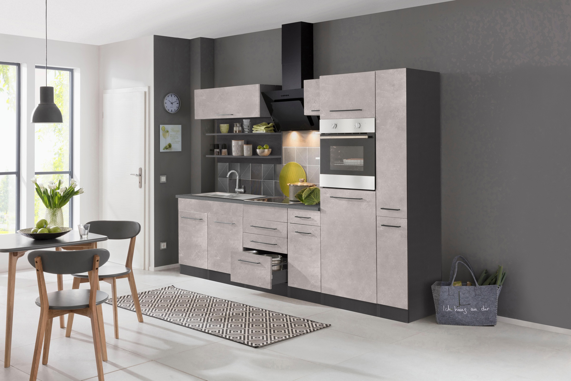 KOCHSTATION Küchenzeile »KS-Tulsa«, mit E-Geräten, Breite 300 cm, schwarze Metallgriffe, MDF Fronten