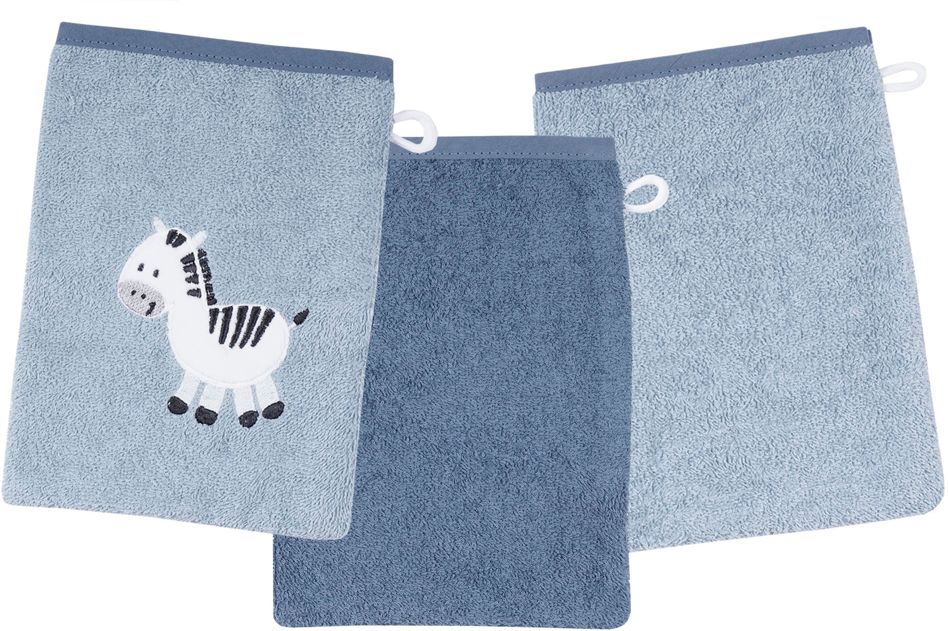 Wörner Waschhandschuh »Zebra blau Waschhandschuh 3er Set«, (3 St.), 1x mit süßer Zebrastickerei, 2x unifarben