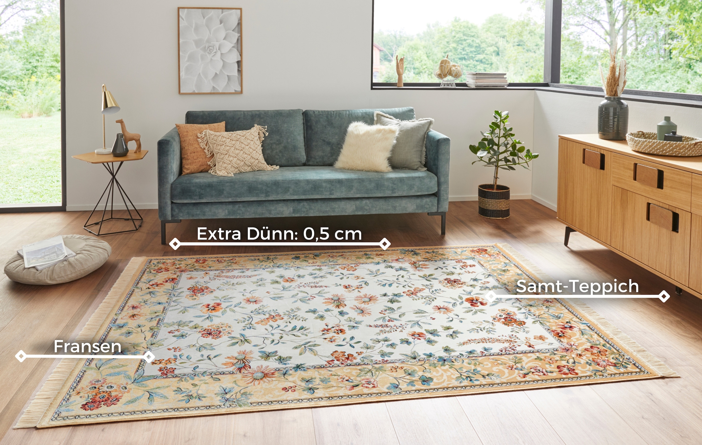NOURISTAN Teppich »Orient Flowers«, rechteckig, 5 mm Höhe, Kurzflor mit Fransen, Orient, Wohnzimmer, Schlafzimmer, Esszimmer