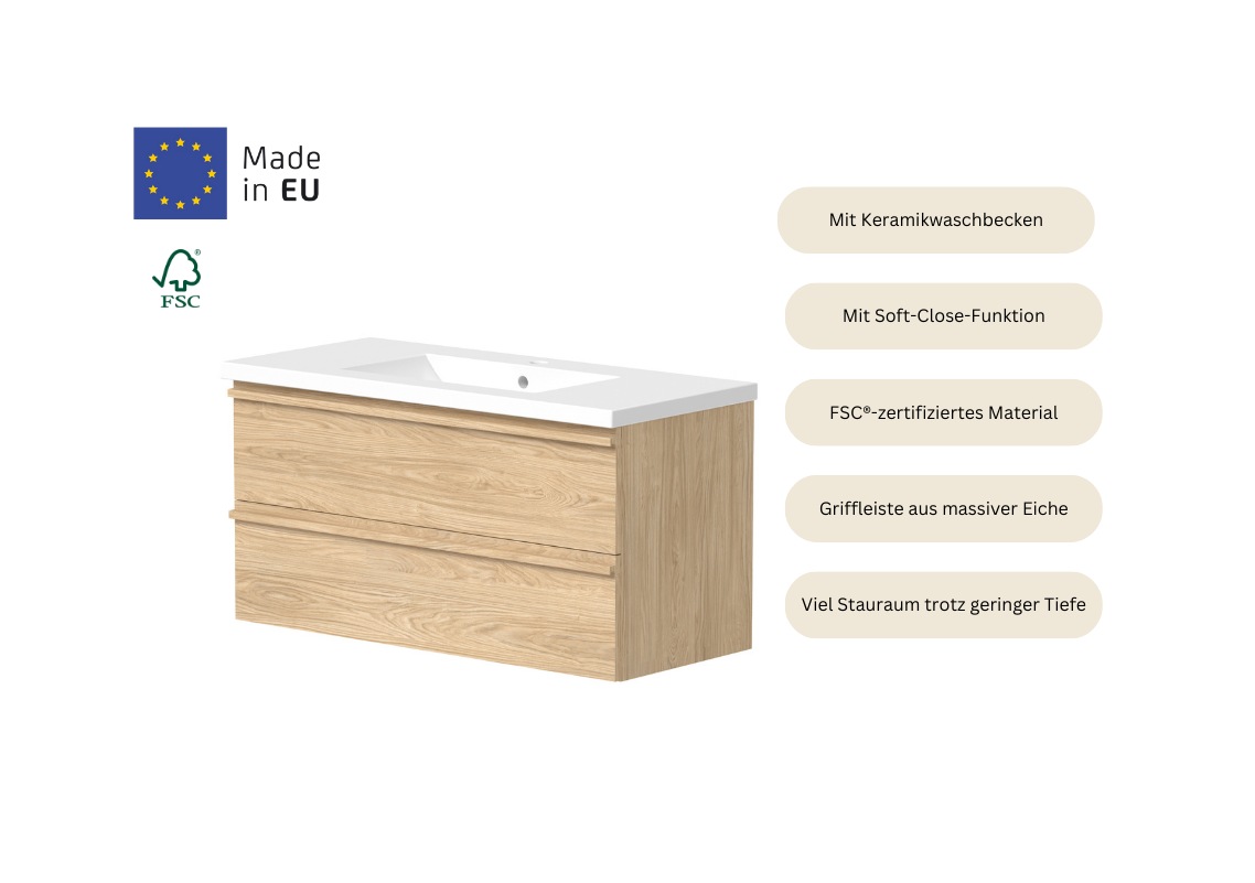 welltime Waschtisch »Only inklusive Waschbecken, Schubladen mit Vollauszug«, Badmöbel in verschiedenen Breiten, mit Soft-Close Funktion, FSC®