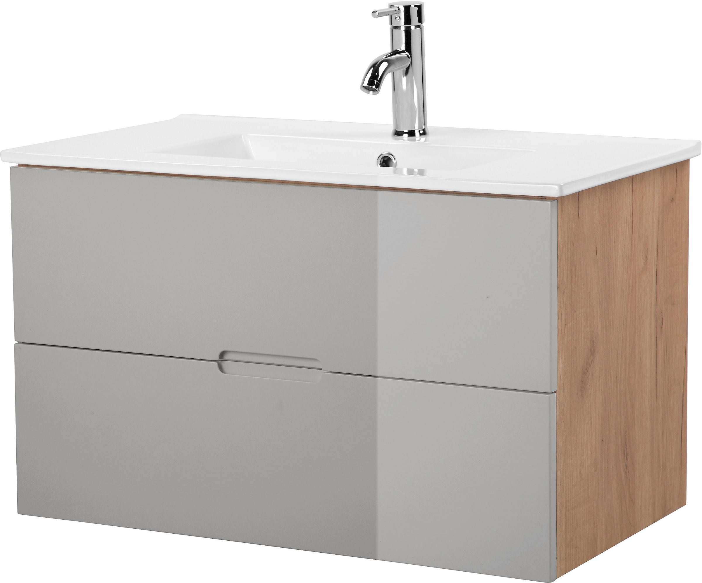 welltime Badmöbel-Set »Lund Badmöbel Set Badschrank Badezimmerset«, (Komplett-Set, 3 St.), Waschtisch, Spiegelschrank und Becken Breite 80cm