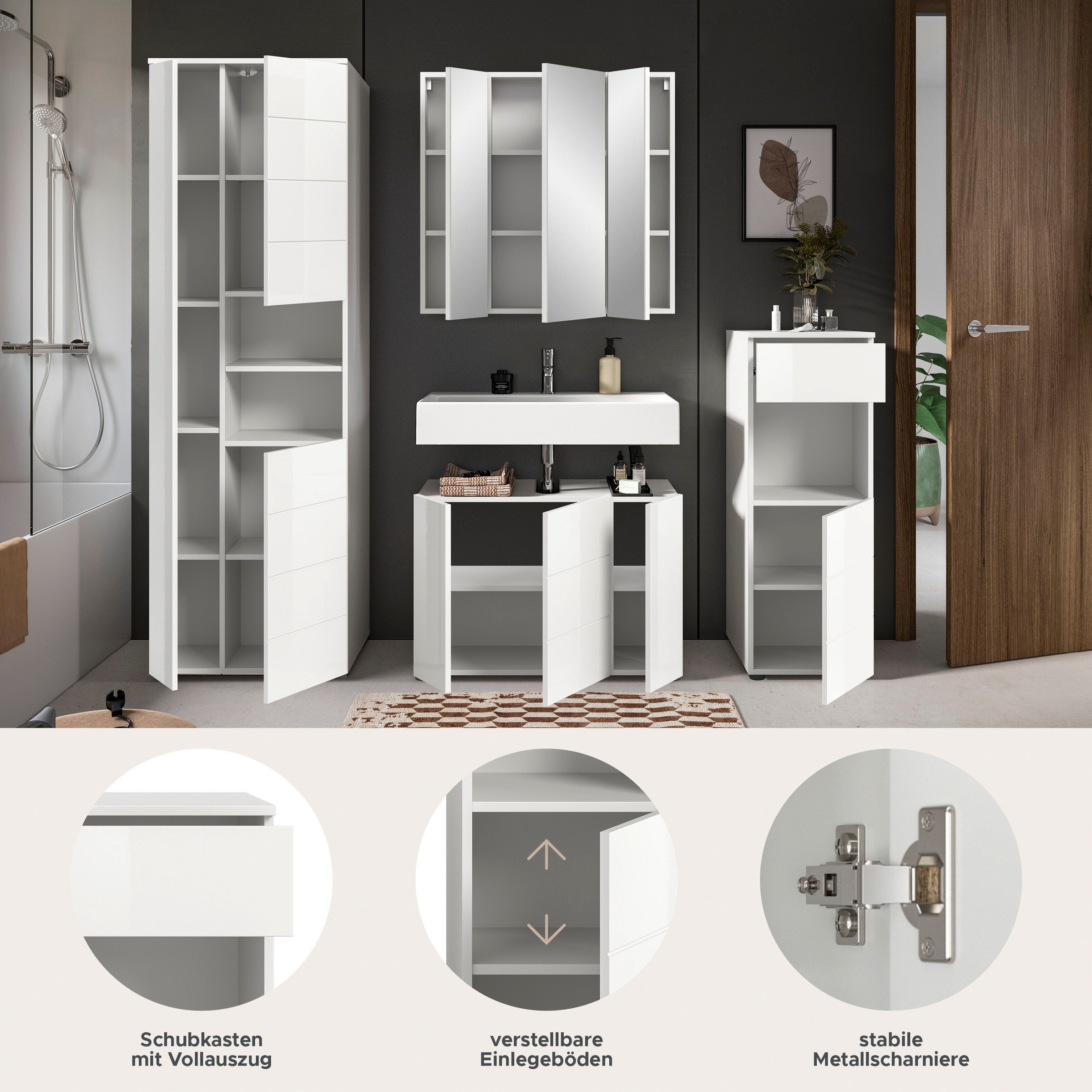 welltime Badmöbel-Set »Biel, Höhe 190 cm, Hochschrank, Unterschrank, Spiegel, Standschrank«, (4 St.), Bad Set, modernes Design, Hochschrank, Unterschrank, Spiegel