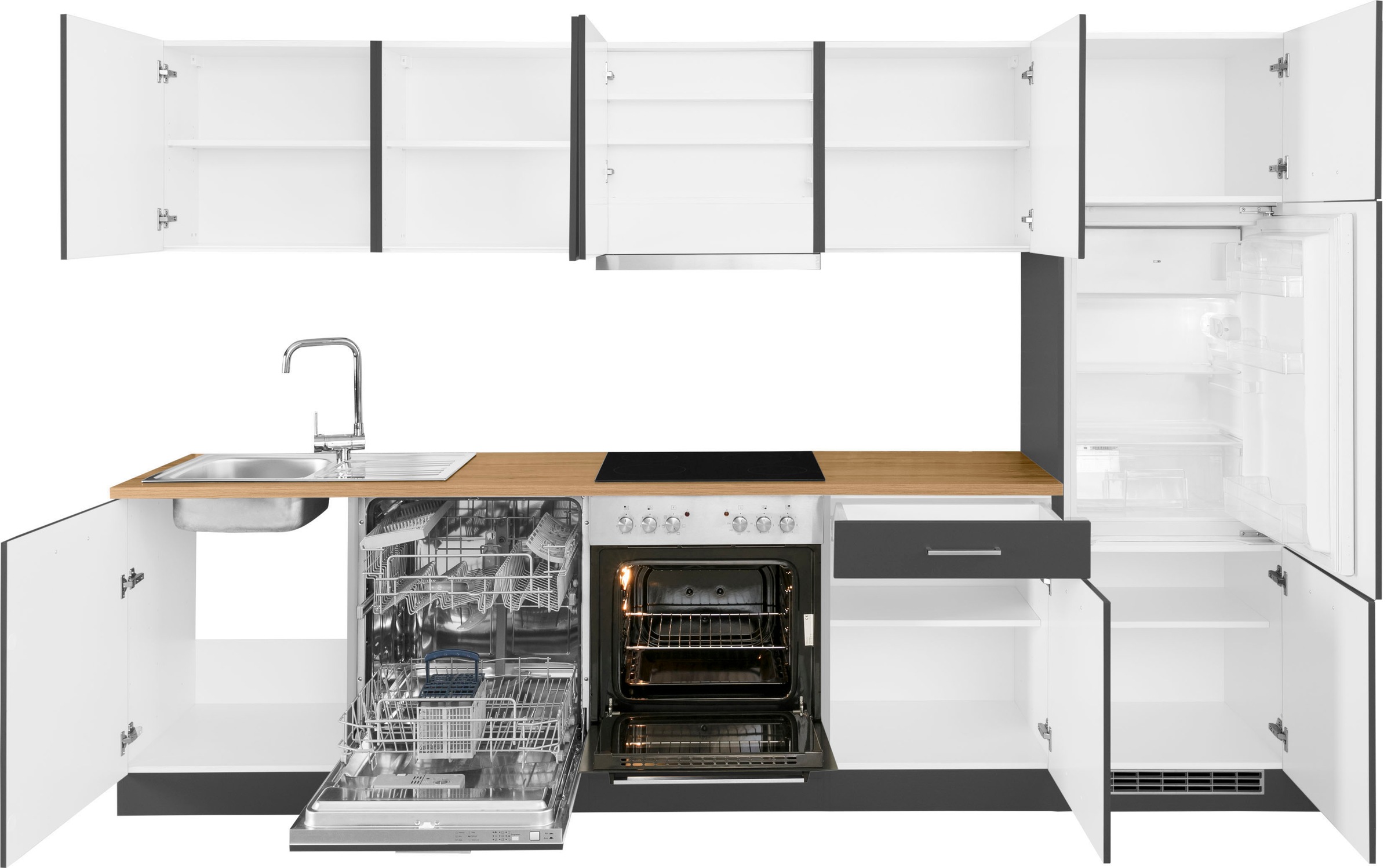 KOCHSTATION Küchenzeile »KS-Kehl«, mit E-Geräten, Breite 300 cm, inkl. Kühlschrank und Geschirrspüler