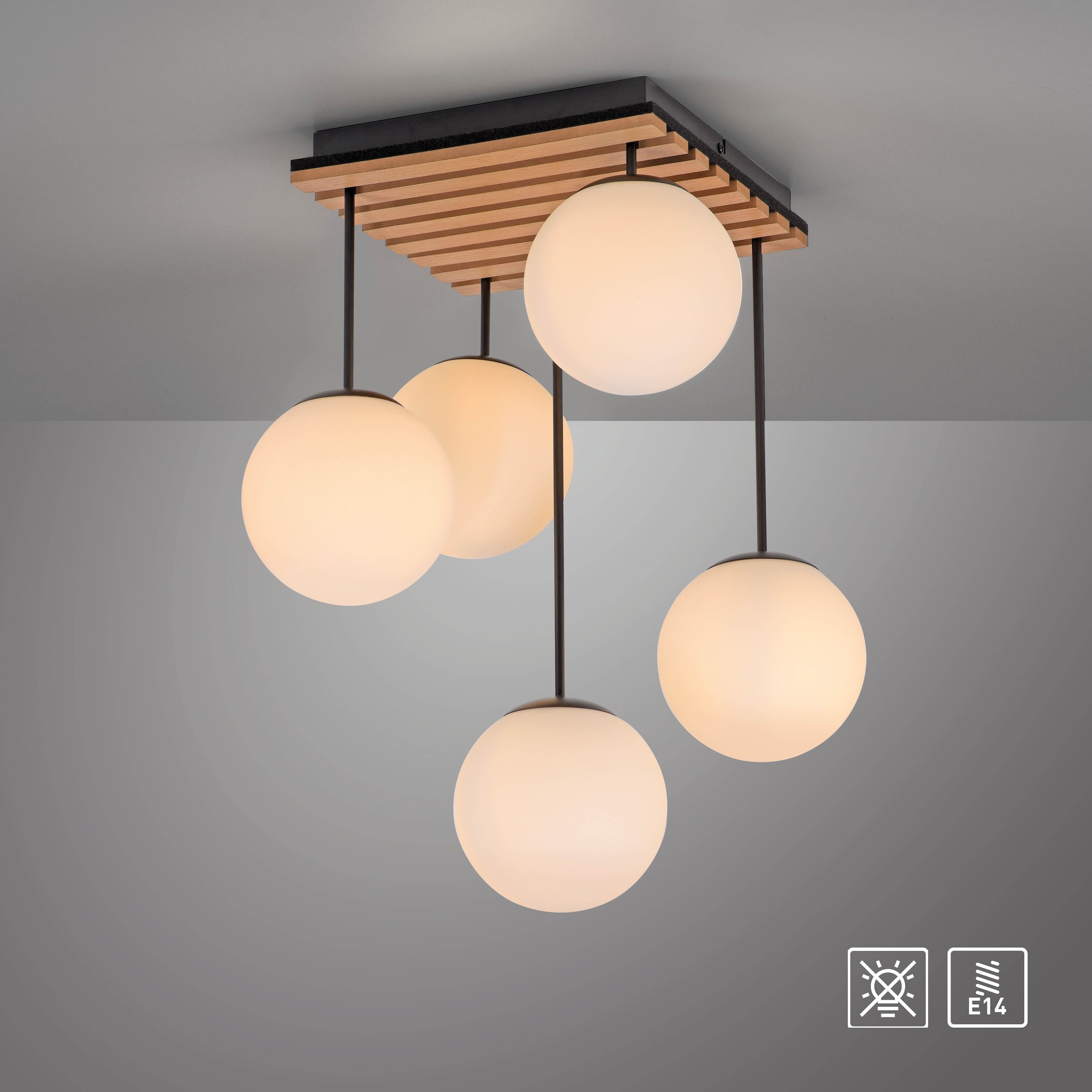 Leonique Deckenleuchte »Erinette Akustikpaneele mit Glaskugeln«, 5 flammig, Leuchtmittel E14 | ohne Leuchtmittel-Leuchtmittel wechselbar, Holz, Akustik, Paneele, Glas, Deckenlampe E14