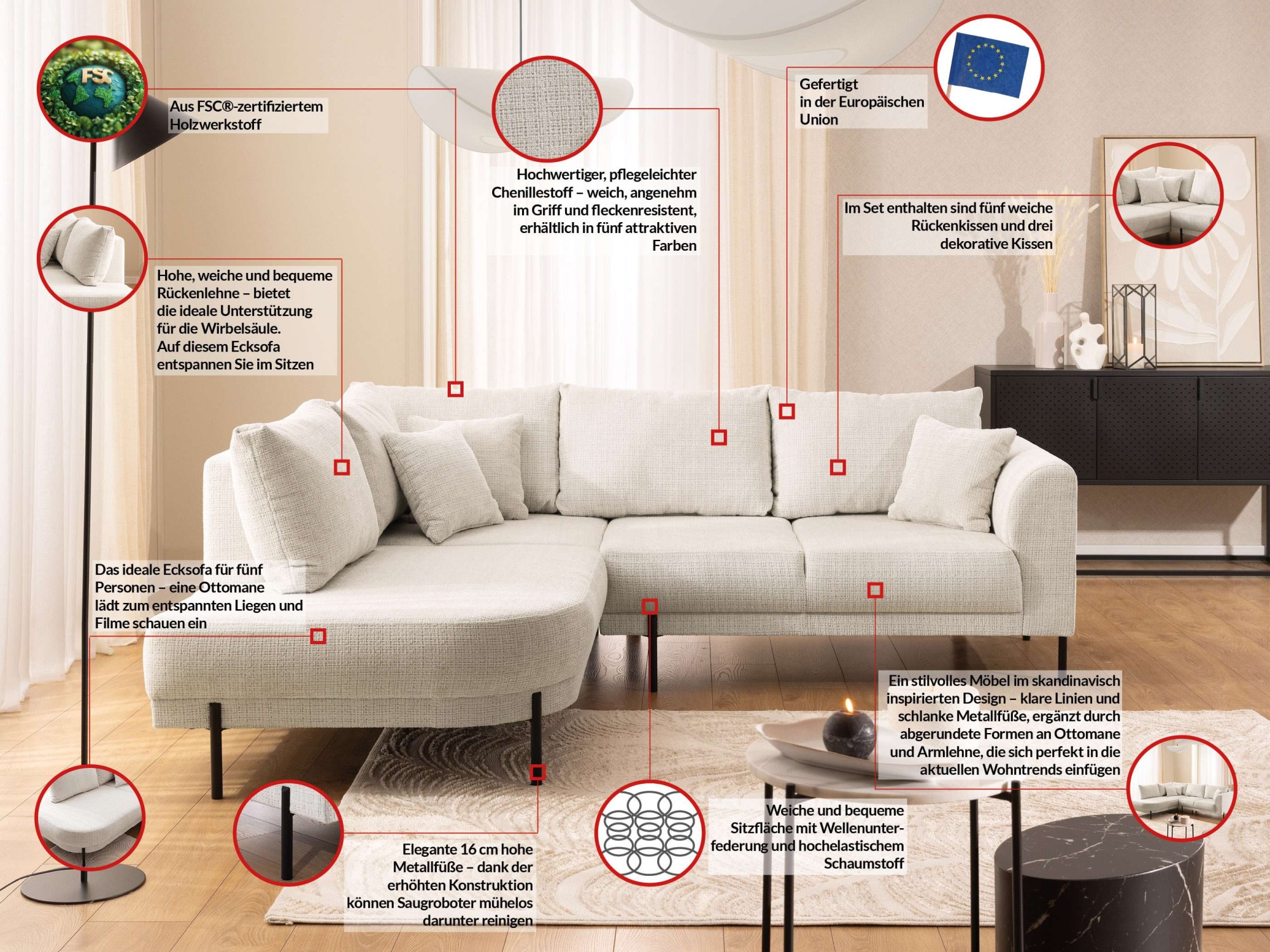 Home affaire Ecksofa »NELLIA L-Form mit Ottomane rechts oder links bestellbar, Breite 231 cm« enthält 5 Rückenkissen, angenehmen Sitzkomfort, belastbar bis 480kg