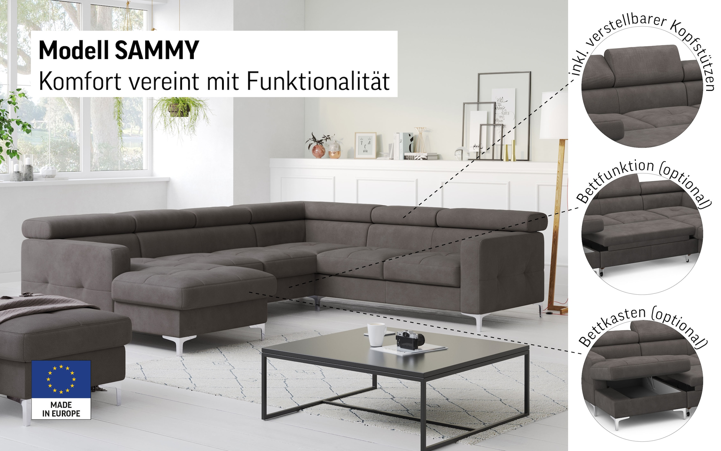 COTTA Wohnlandschaft »Sammy U-Form«, mit Kopfteilverstellung, wahlweise mit Bettfunktion & Bettkasten