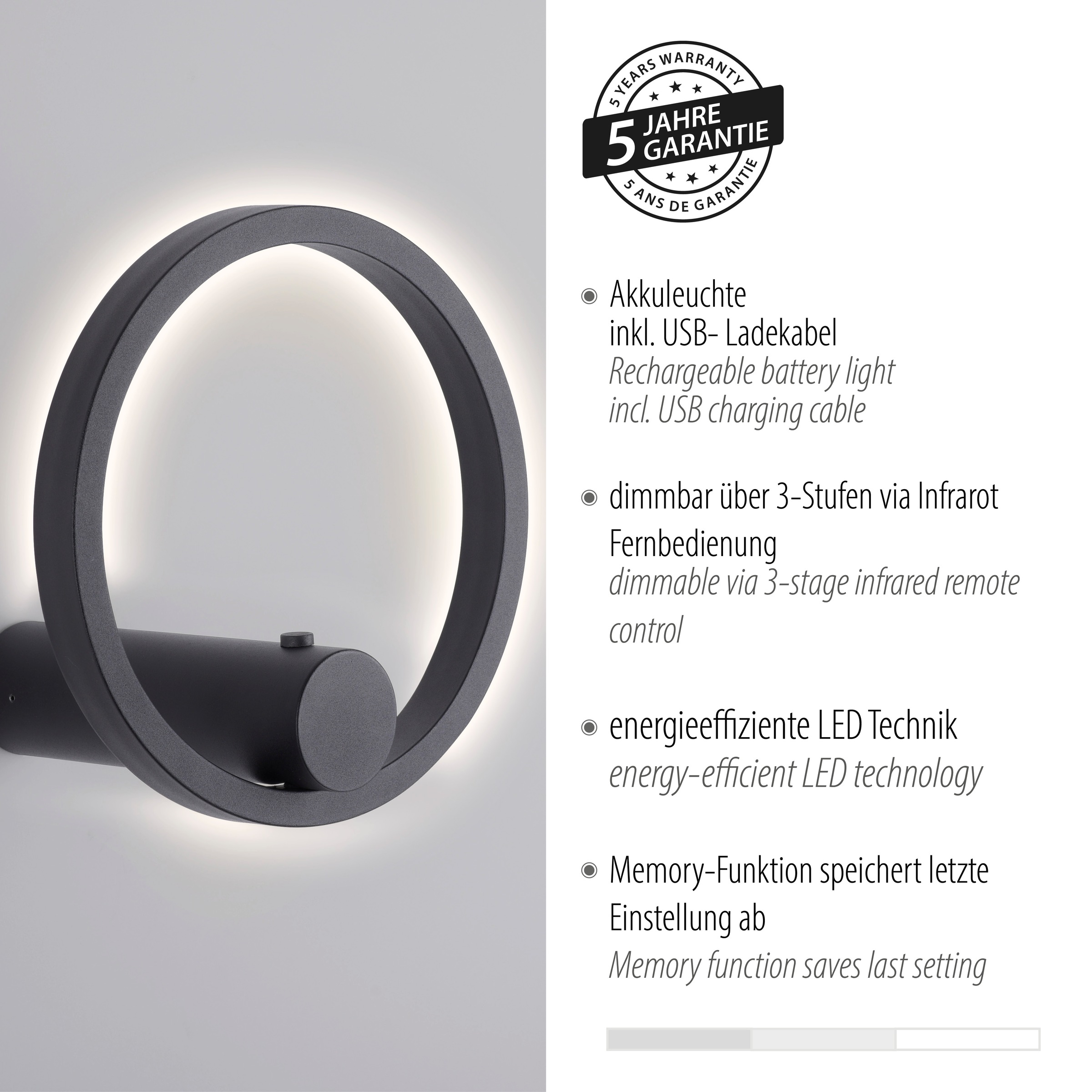 JUST LIGHT LED Wandleuchte »ARCHIE« LED-Board 1 Stk. Warmweiß Dimmbar, IR-FB, Memoryfunktion, USB-Kabel