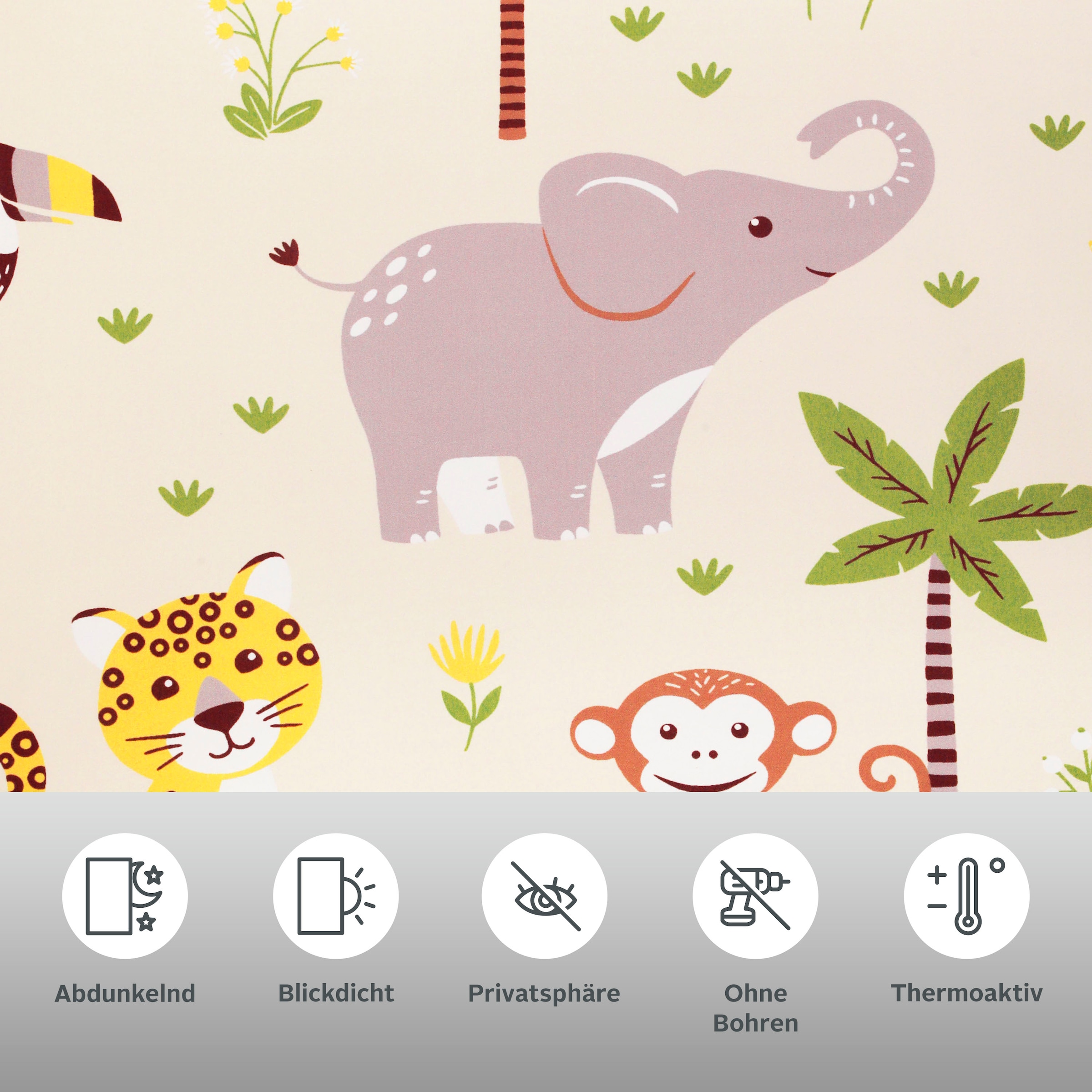 Lüttenhütt Rollo »Jungle«, Lichtschutz, Sichtschutz, ohne Bohren, freihängend, Klemmfix, Fixmaß, Tiere, Kinderrollo, einseitig bedruckt