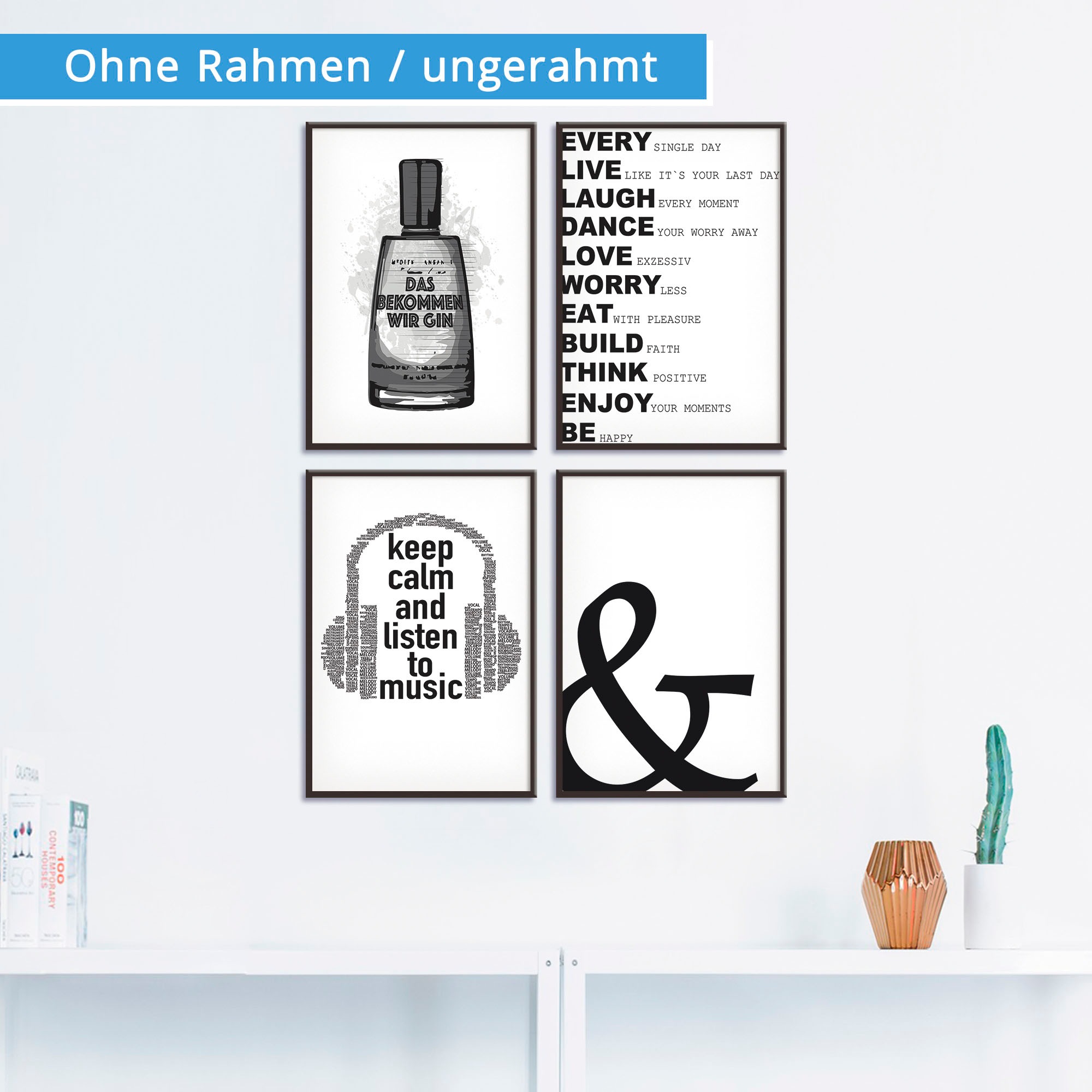 Artland Poster »Gin Tag Musik hören Ruhe«, Sprüche & Texte, (4 St.), Poster, Wandbild, Bild, Wandposter