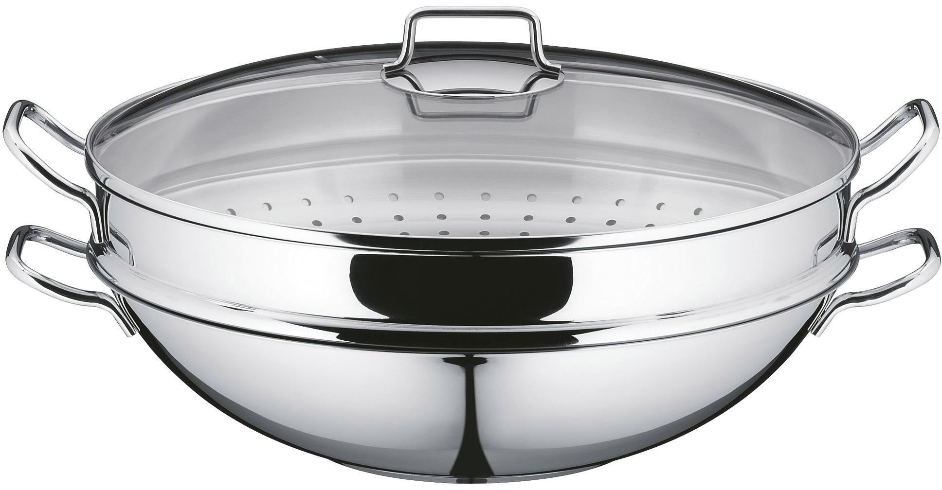 WMF Wok »Macao«, Cromargan® Edelstahl Rostfrei 18/10, (Set, 4 tlg., 1 x Wok mit Glasdeckel, Dämpfeinsatz, Rezeptheft), Induktion