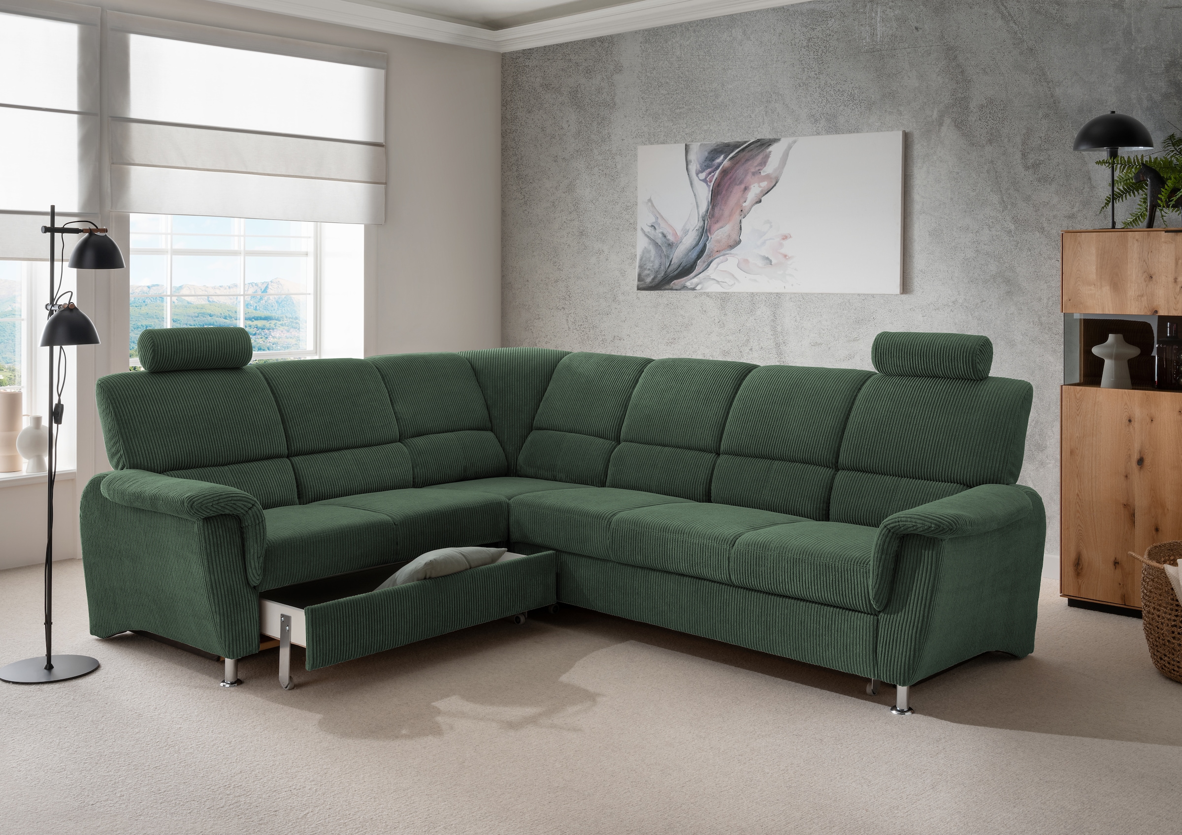 Home affaire Ecksofa »Pisa L-Form, mit Schlaffunktion, Stauraum, 2x höhenverstellbare«, Kopfstützen und Relaxfunktion im Eckelement