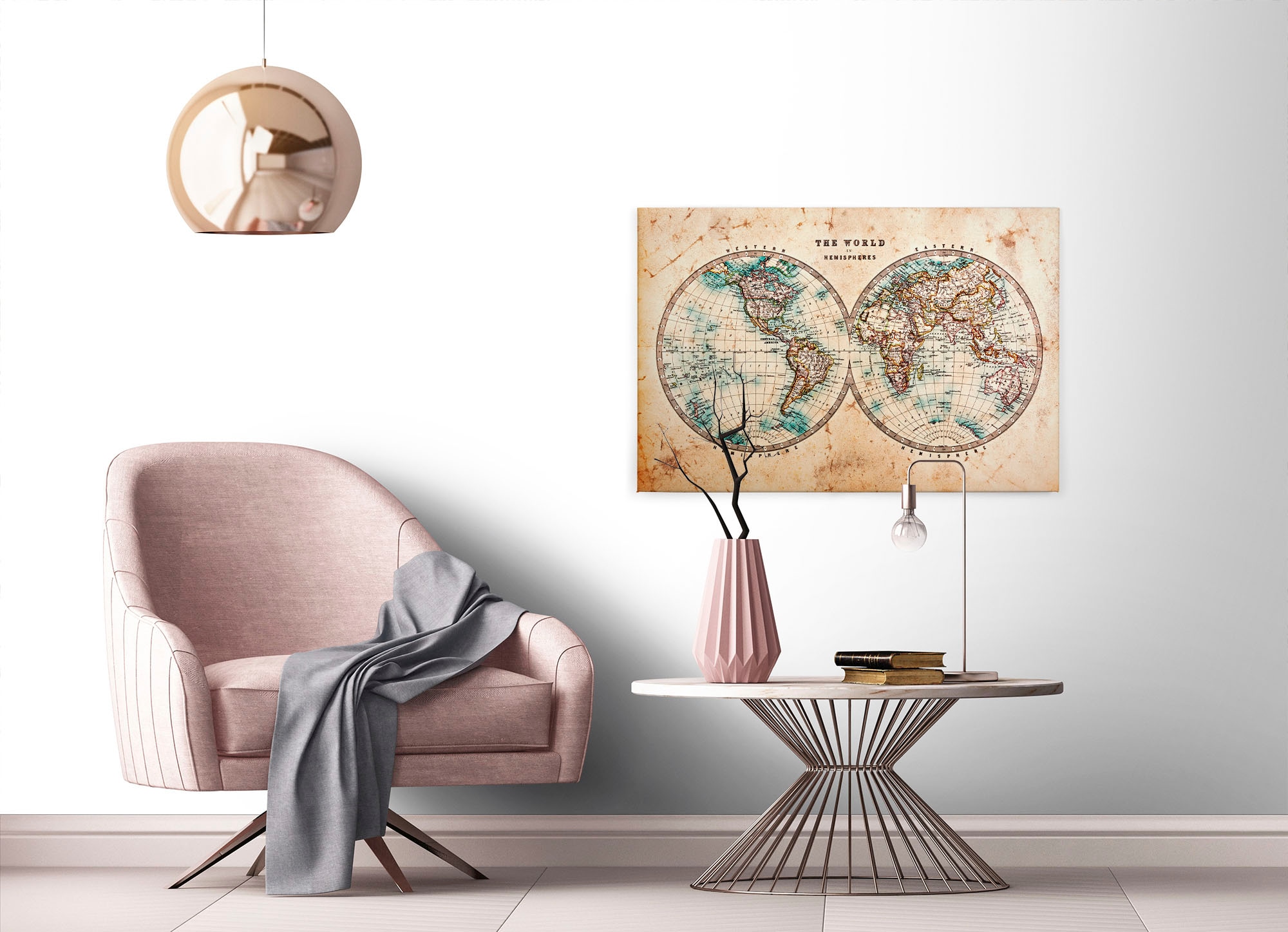 A.S. Création Leinwandbild »Hemispheres«, Kunst-Weltkarte-Kinder, (1 St.), Atlas Weltkarte Antik Vintage Keilrahmen Leinwand-Bild Wohnzimmer Wand