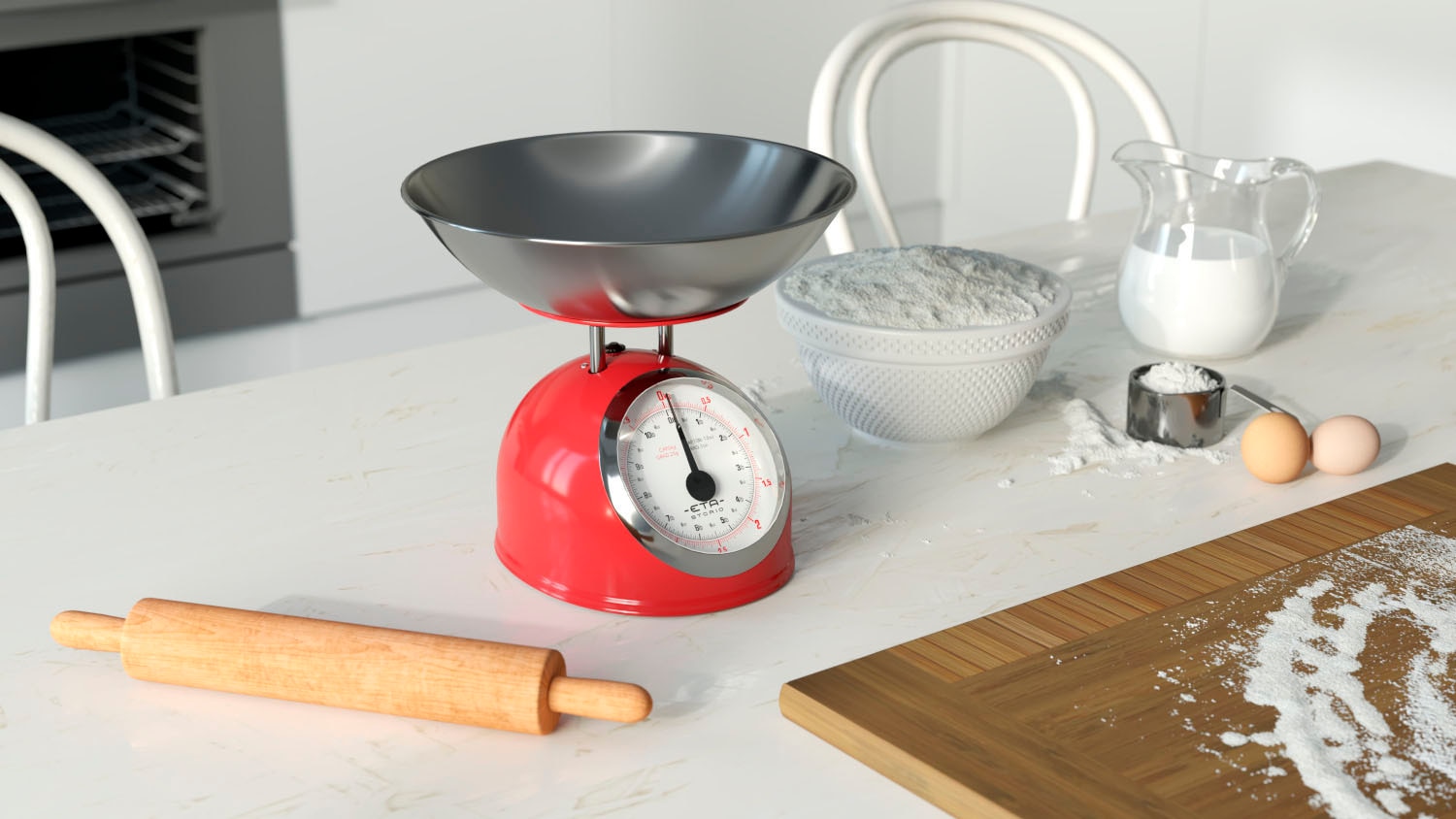 eta Küchenwaage »STORIO rot ETA577790030 Retro«, (2 tlg.), analog, Ganzmetall-Design mit einer Edelstahlschale