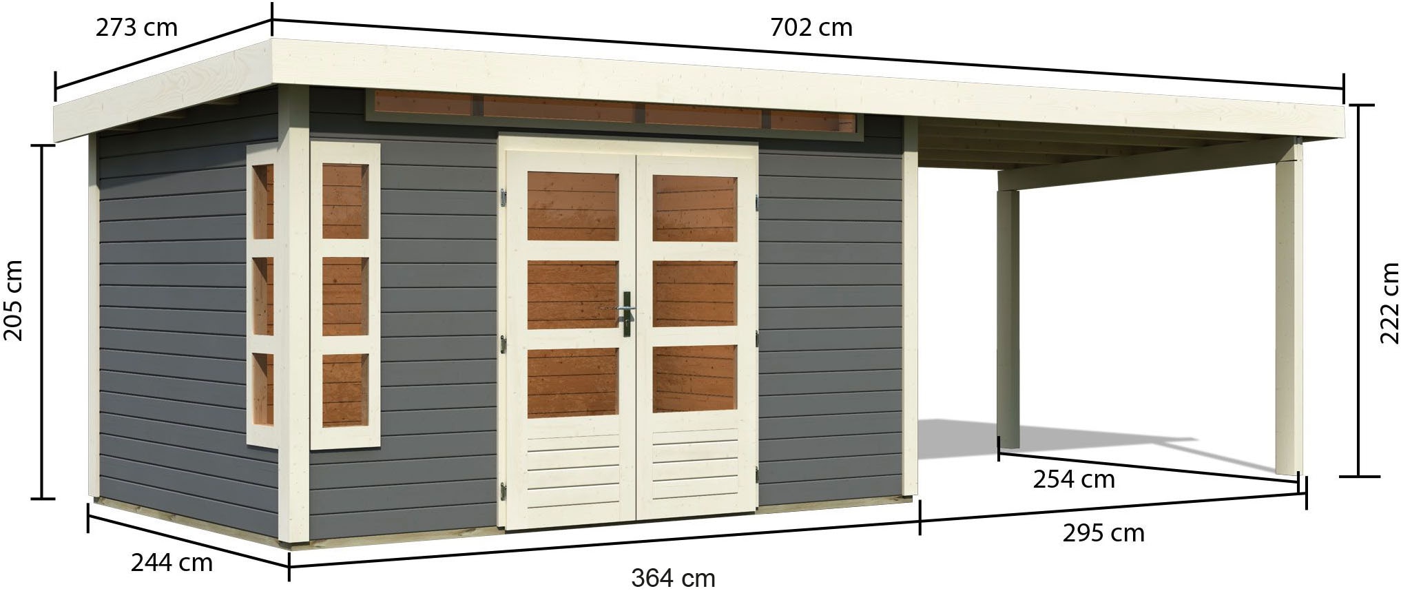 Karibu Gartenhaus »Kolimasee 7«, (Set), mit Anbaudach 3,2 m, terragrau