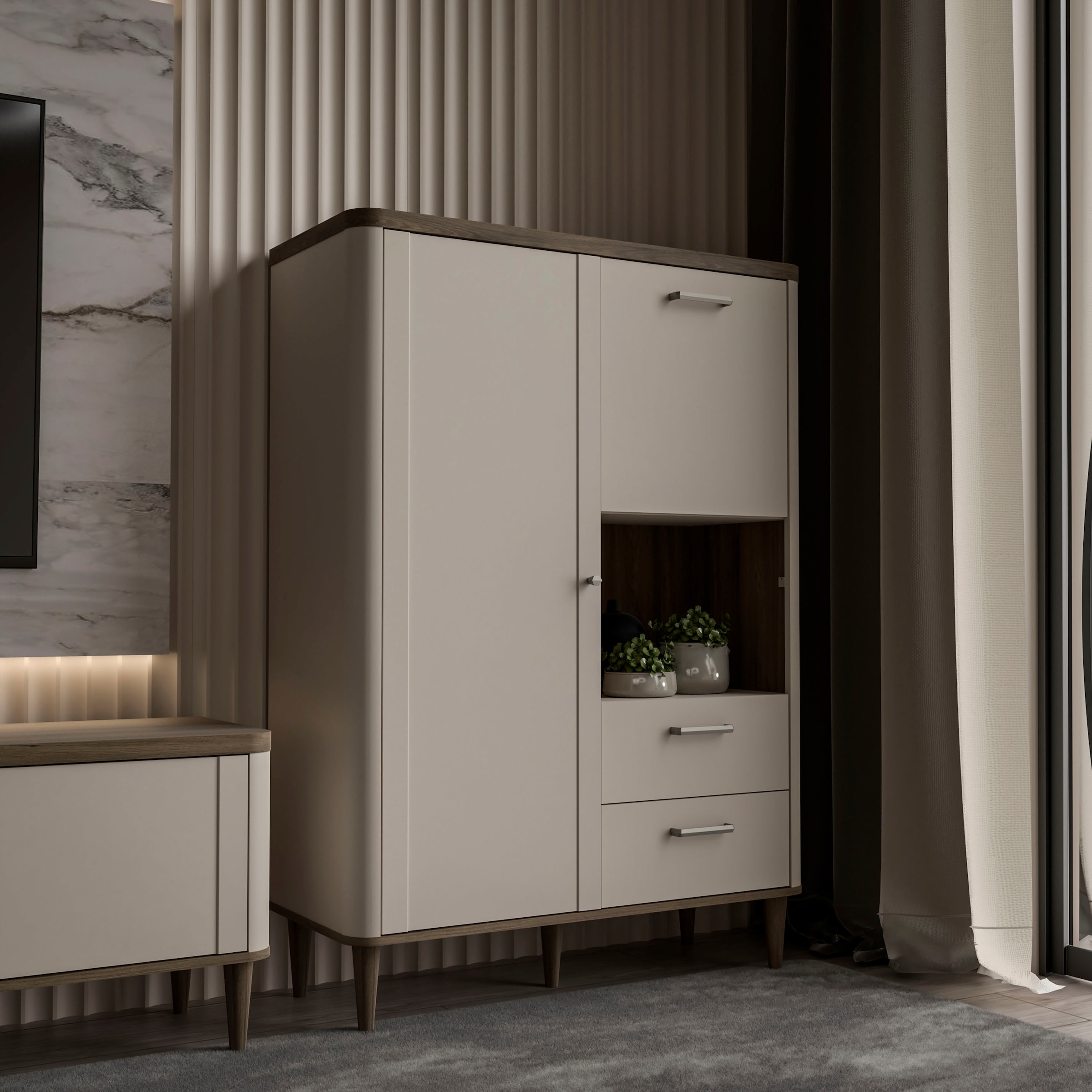 FORTE Highboard, B/H/T 100,1/142,9/41,2 cm Echtholzfüße
