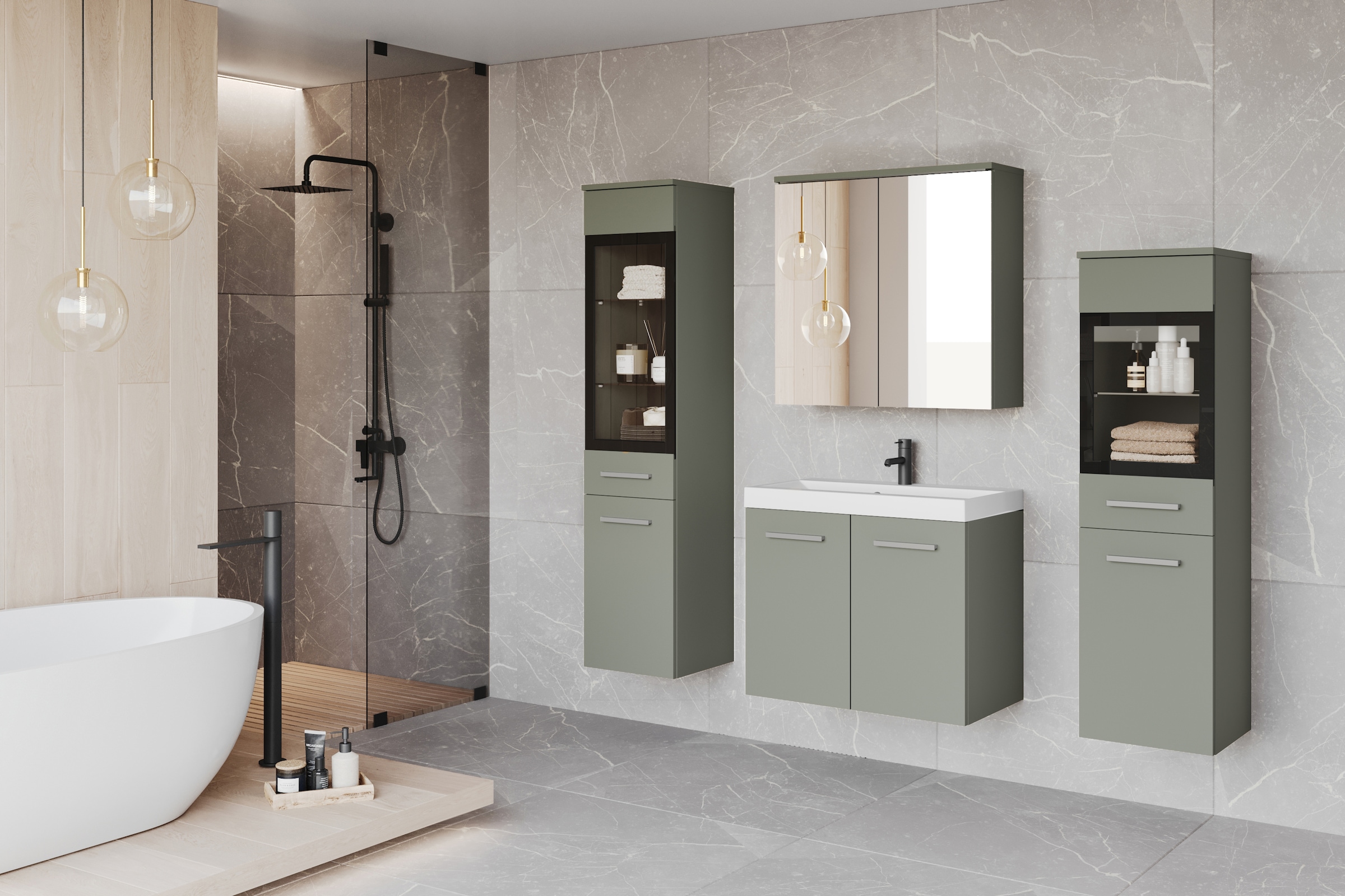 welltime Badmöbel-Set »MADRIT II, Schrank mit Waschbecken, 2 Hänger, Spiegelschrank«, (Komplett-Set, 5 St.), Hängende Badmöbel mit Glaseinsätzen – in vielen Farben erhältlich