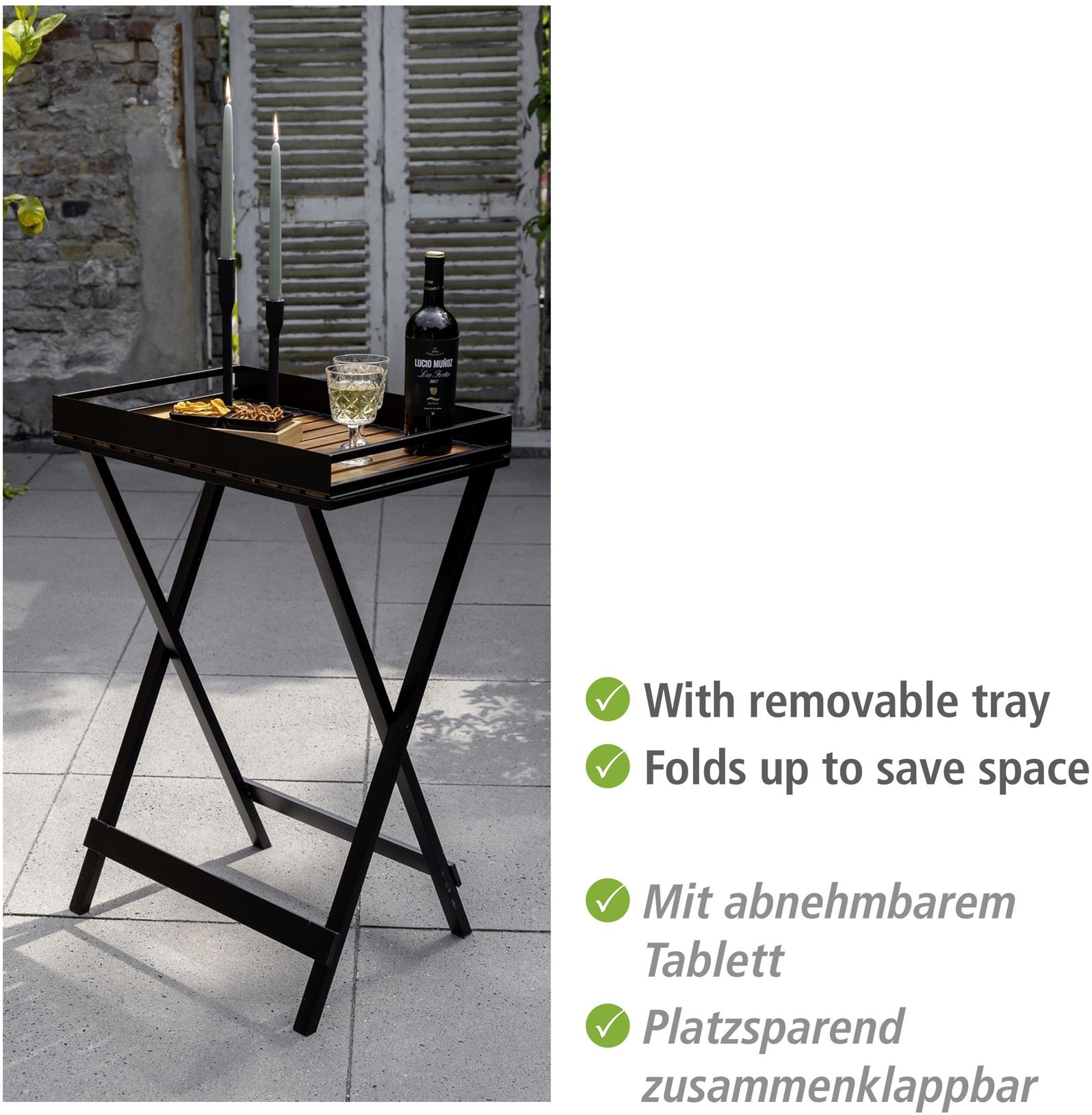 WENKO Tablett »Beistelltisch Modell Taba«, klappbar, abnehmbares Akazienholz-Tablett, überdacht outdoorgeeignet