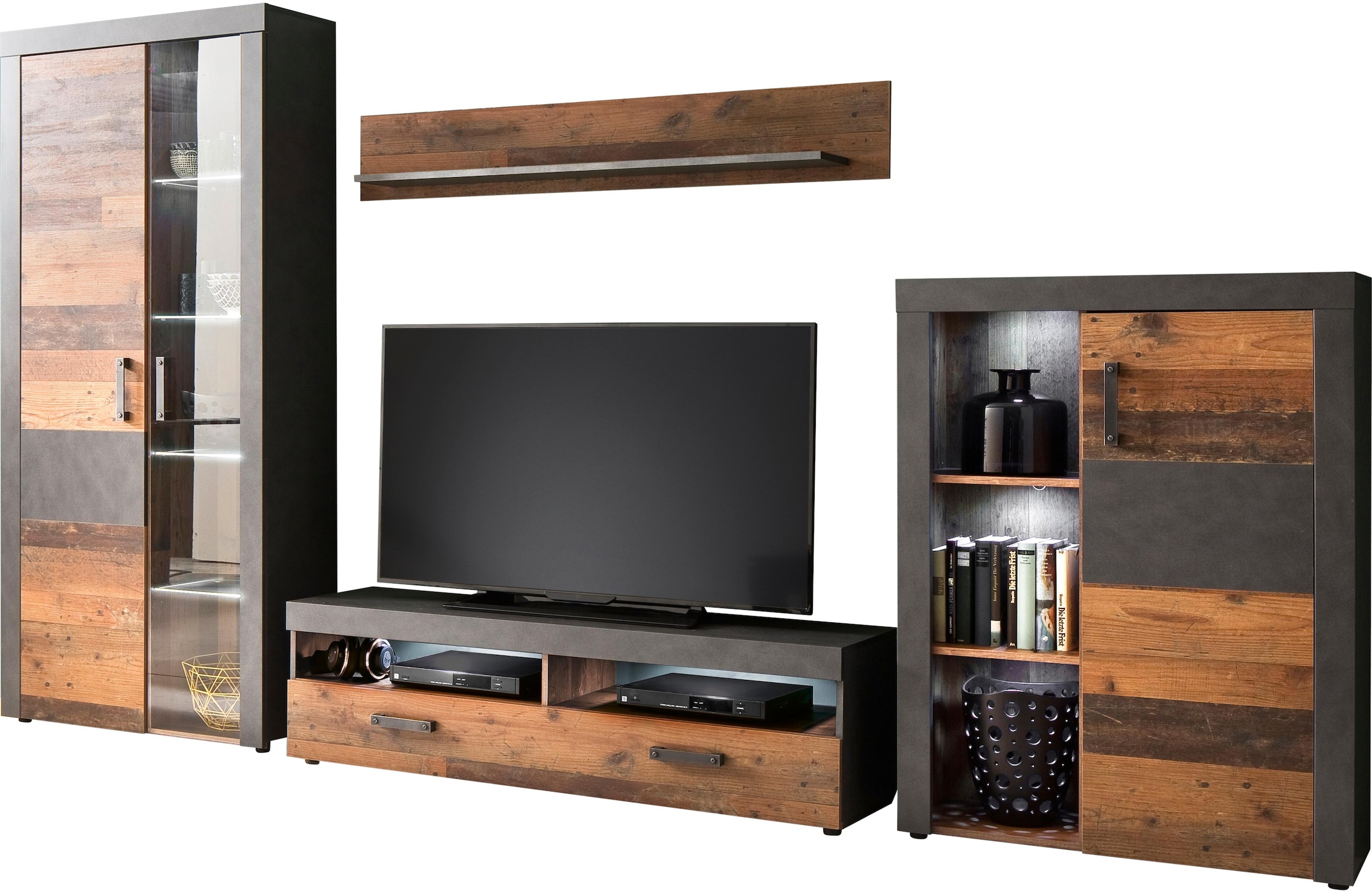 INOSIGN Wohnwand »Ilana«, (Set, 4 St.), moderne Wohnwand im Industrial Style - Beleuchtung optional
