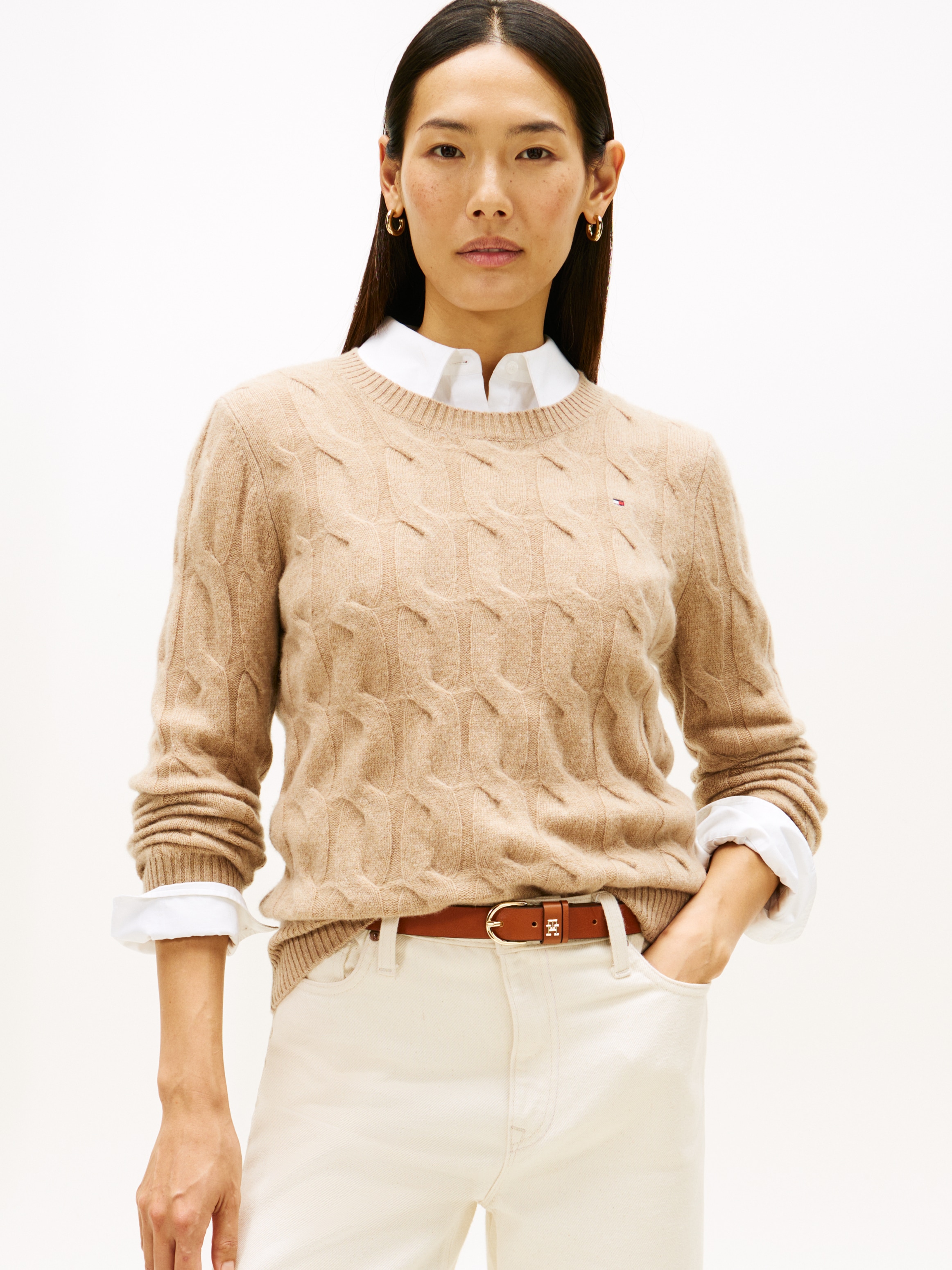 Tommy Hilfiger Strickpullover »SOFT WOOL CABLE C-NK« Wolle, mit Zopfmuster