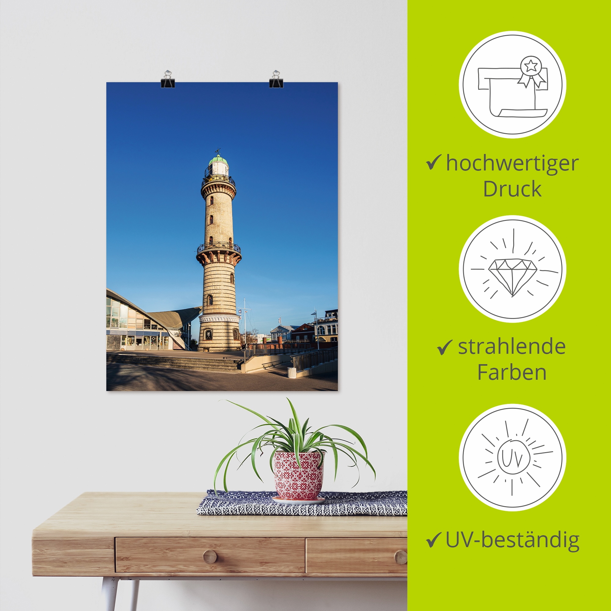 Artland Poster »Leuchtturm mit Teepott in Warnemünde II«, Gebäude, (1 St.), als Alubild, Leinwandbild, Wandaufkleber oder Poster in versch. Größen