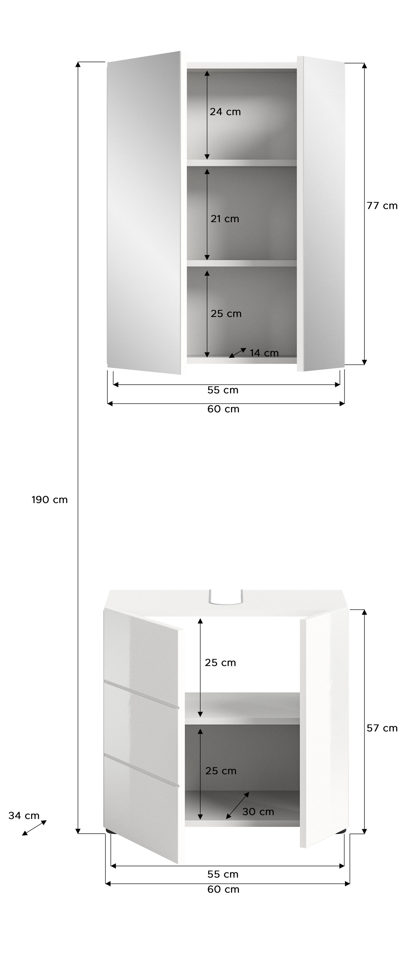 welltime Badmöbel-Set »BIEL, TOPSELLER, 2 teilig, inkl. Beleuchtung, MDF Front, Rillenoptik«, (2 St., best. aus: Waschbeckenunterschrank, Spiegelschrank inkl. Beleuchtung), Badmöbel, Kombination, Kombi, Badezimmer, Badkombination, Badschrank
