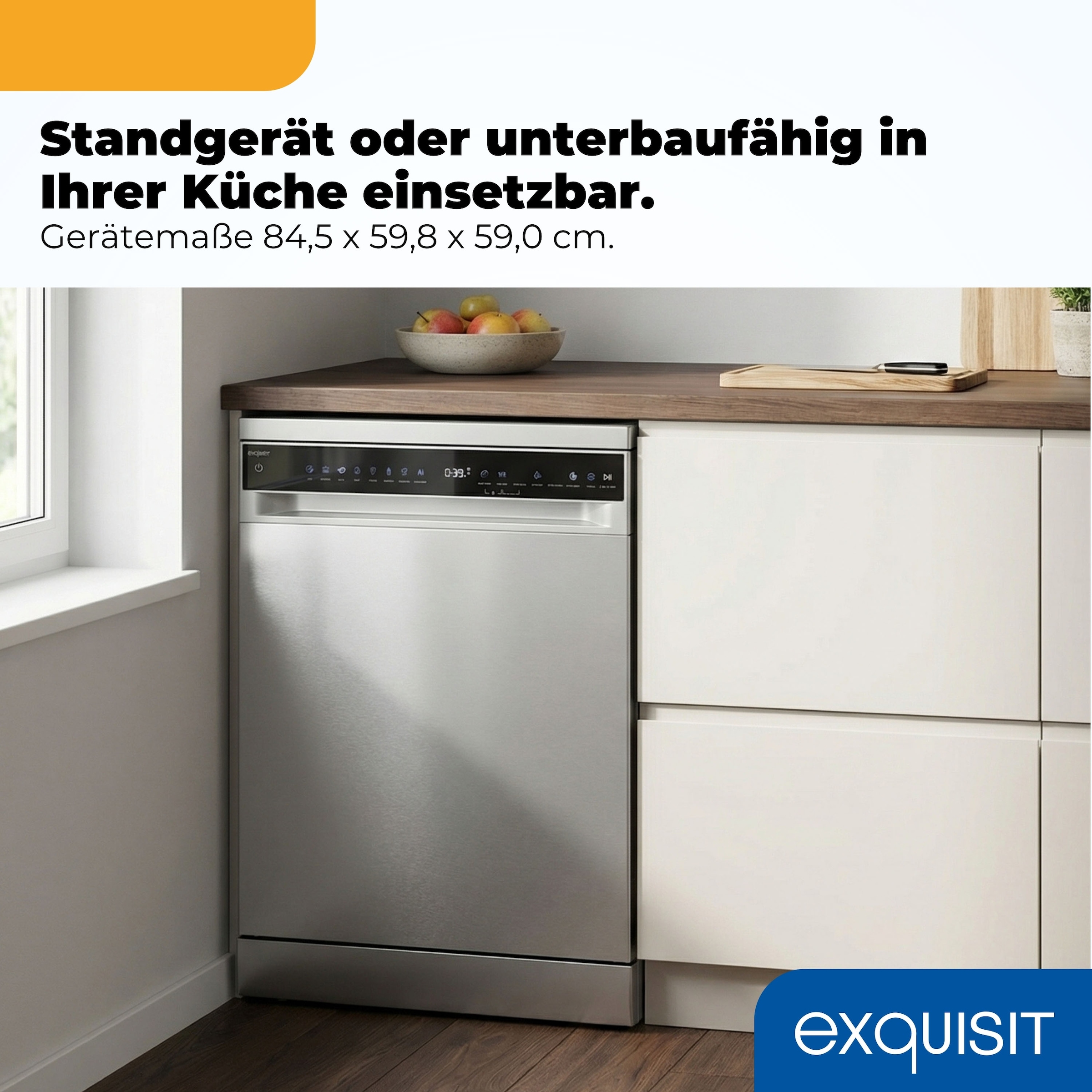 exquisit Standgeschirrspüler 9616 »GSP9616-450B inox« 10,9 l 16 tlg. Maßgedecke 16 Maßgedecke & flüsterleise 44 dB – stark und angenehm ruhig