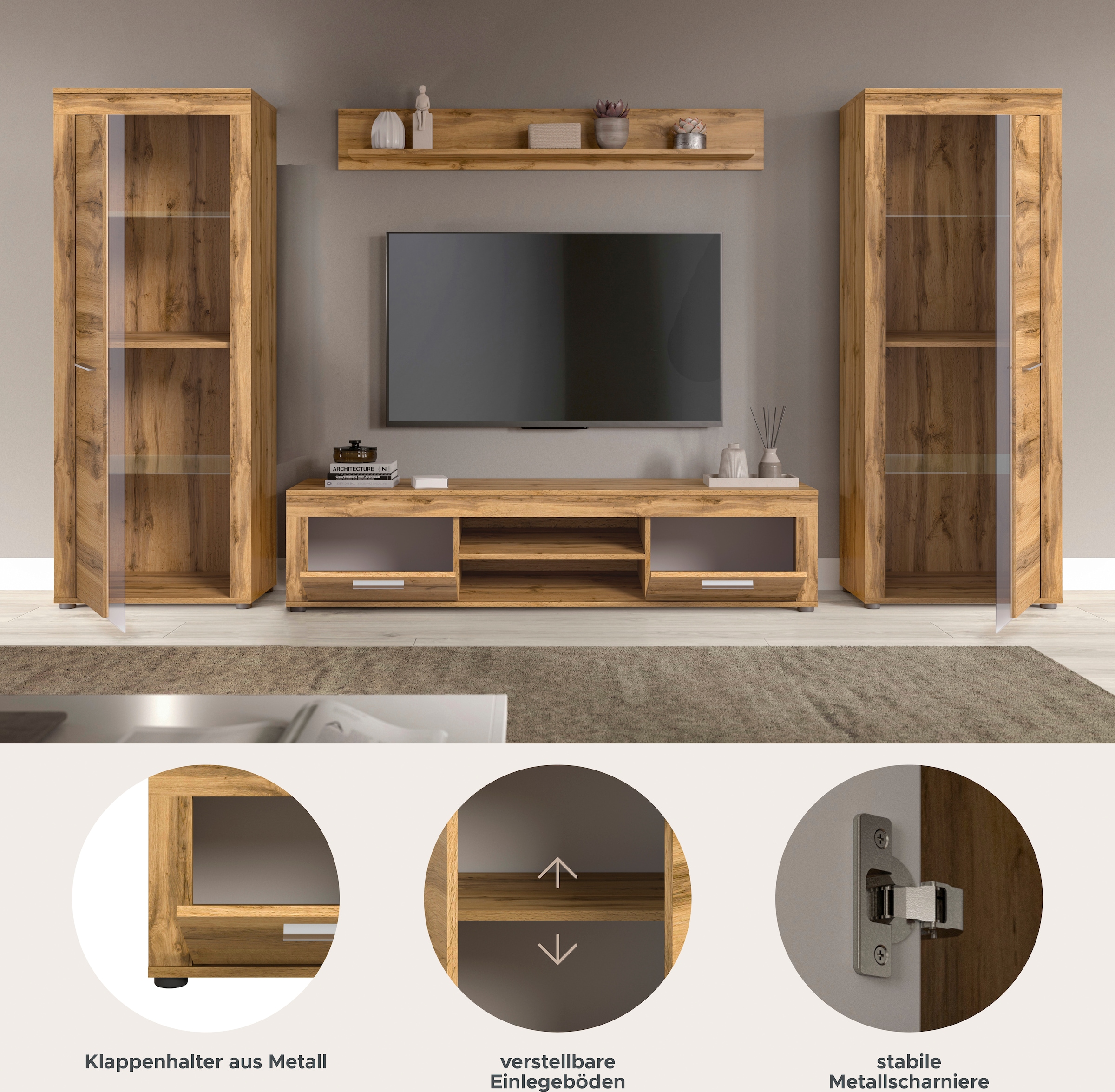 INOSIGN Wohnwand »Aosta, Breite 310cm, best. aus: 2x Vitrine, Lowboard, Wandboard«, Wohnwand, Kombination, Anbauwand, Möbel Set, Schrankwand, Möbel Kombi