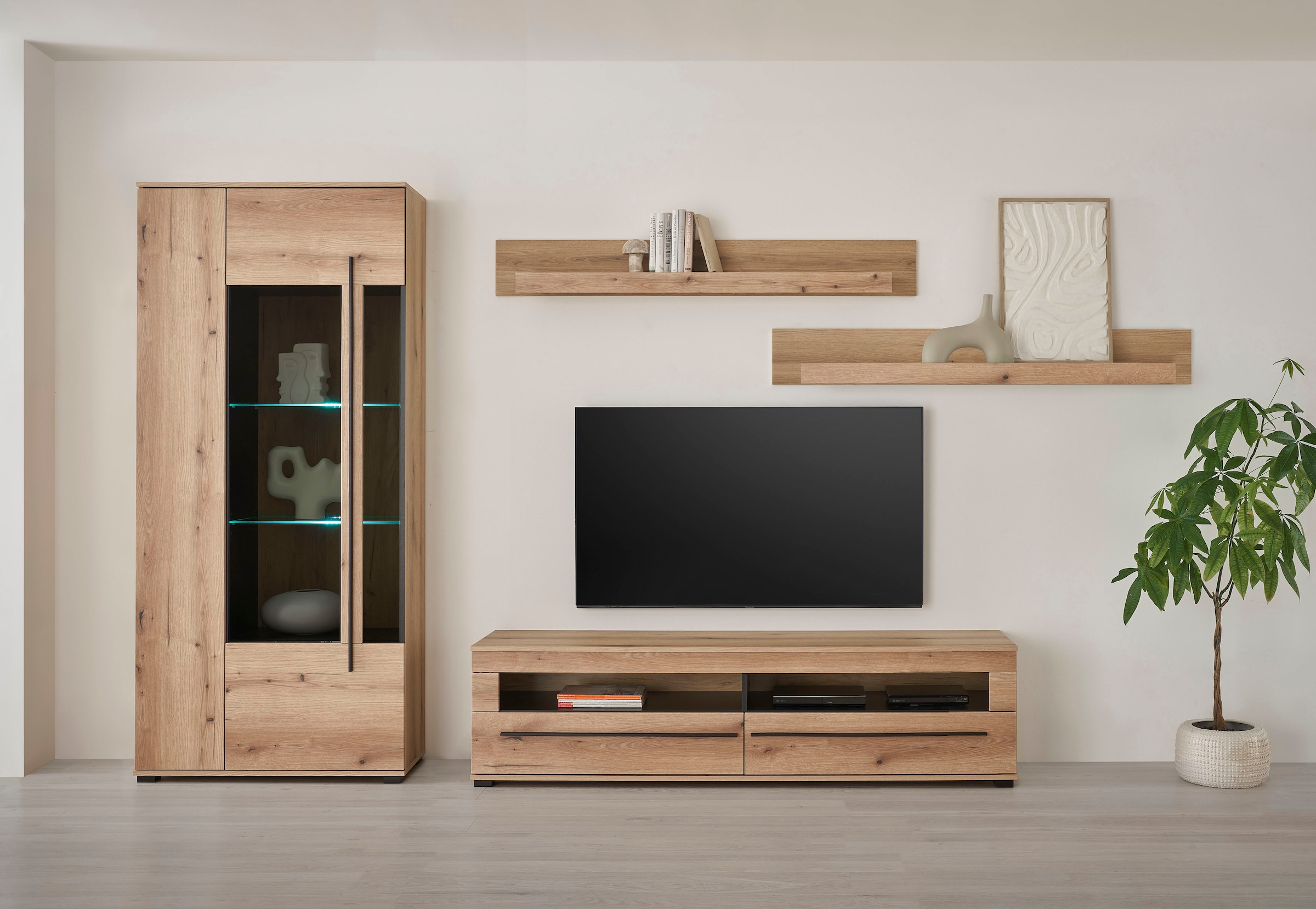 INOSIGN Wohnwand »Cantara, moderne Anbauwand, Wohnzimmer-Set, in Eiche Evoke oder Weiß«, (Set), enthält eine Vitrine, ein Lowboard und zwei Wandboards