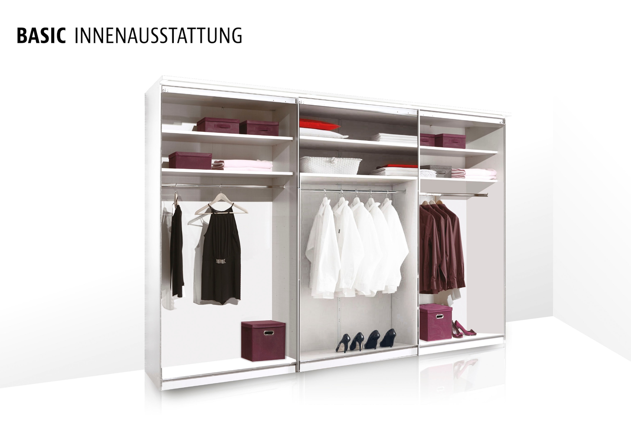 STAUD Schwebetürenschrank »Includo, Made in Germany«, Mit Spiegeltüre und vier verschiedenen Ausstattungsvarianten